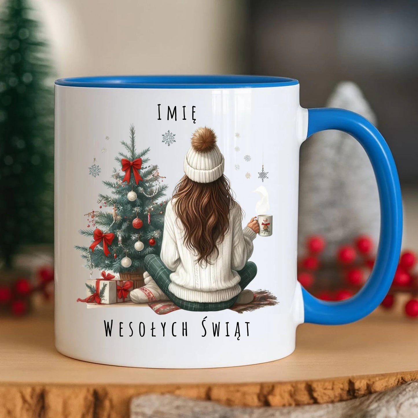 Kubek świąteczny - Dziewczyna przy choince - personalizowany BN15 - StoryCups.pl