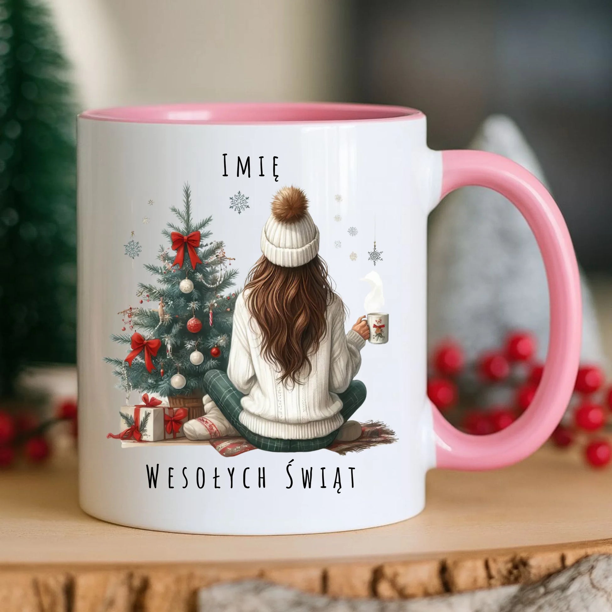 Kubek świąteczny - Dziewczyna przy choince - personalizowany BN15 - StoryCups.pl