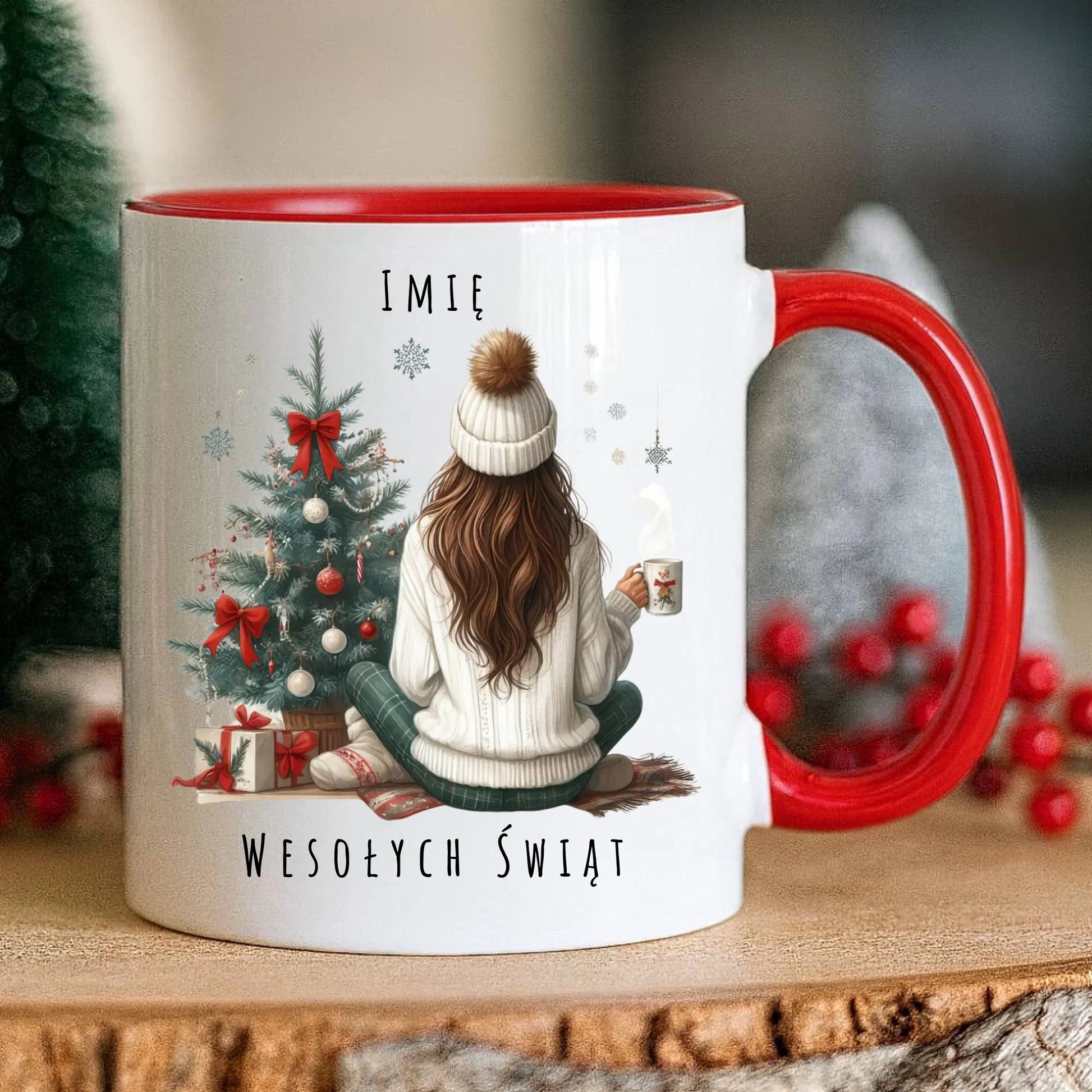 Kubek świąteczny - Dziewczyna przy choince - personalizowany BN15 - StoryCups.pl