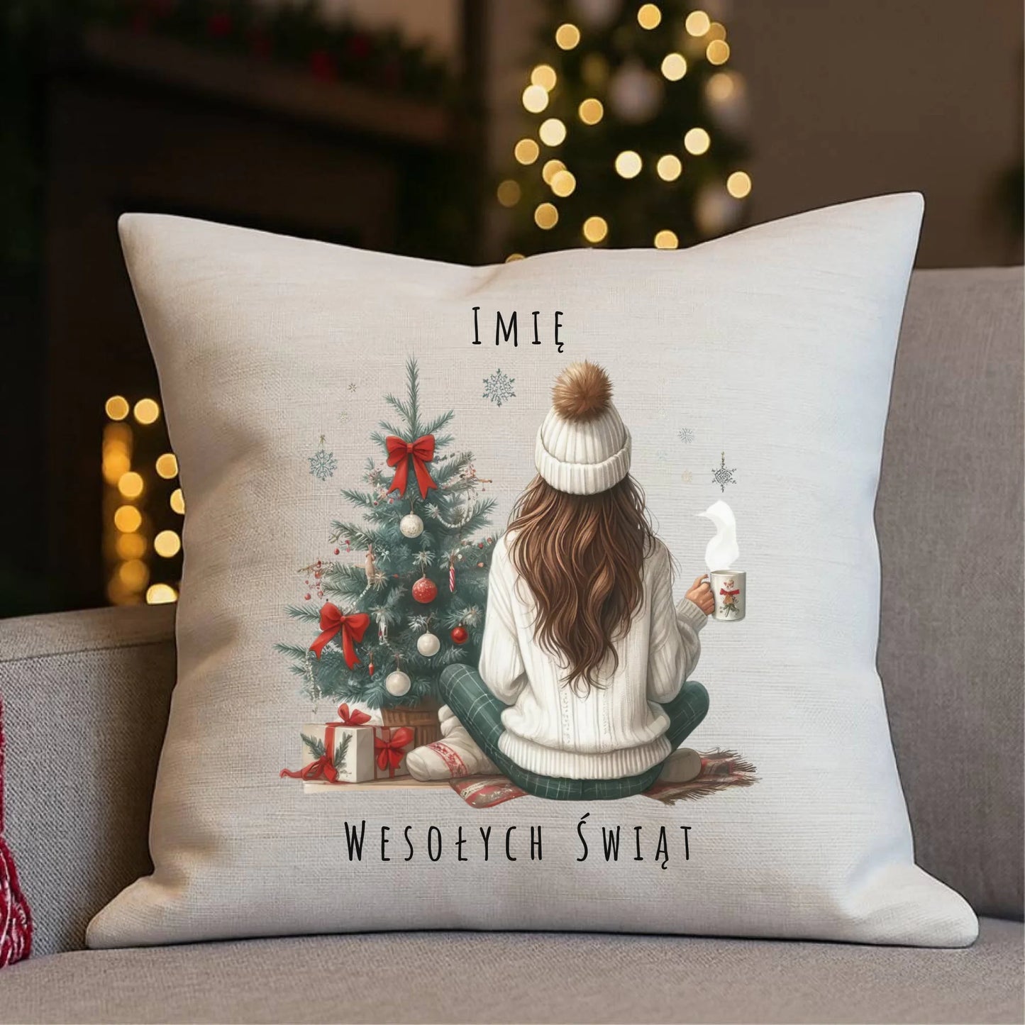 Poduszka świąteczna - Dziewczyna przy choince - personalizowana BN15 - StoryCups.pl