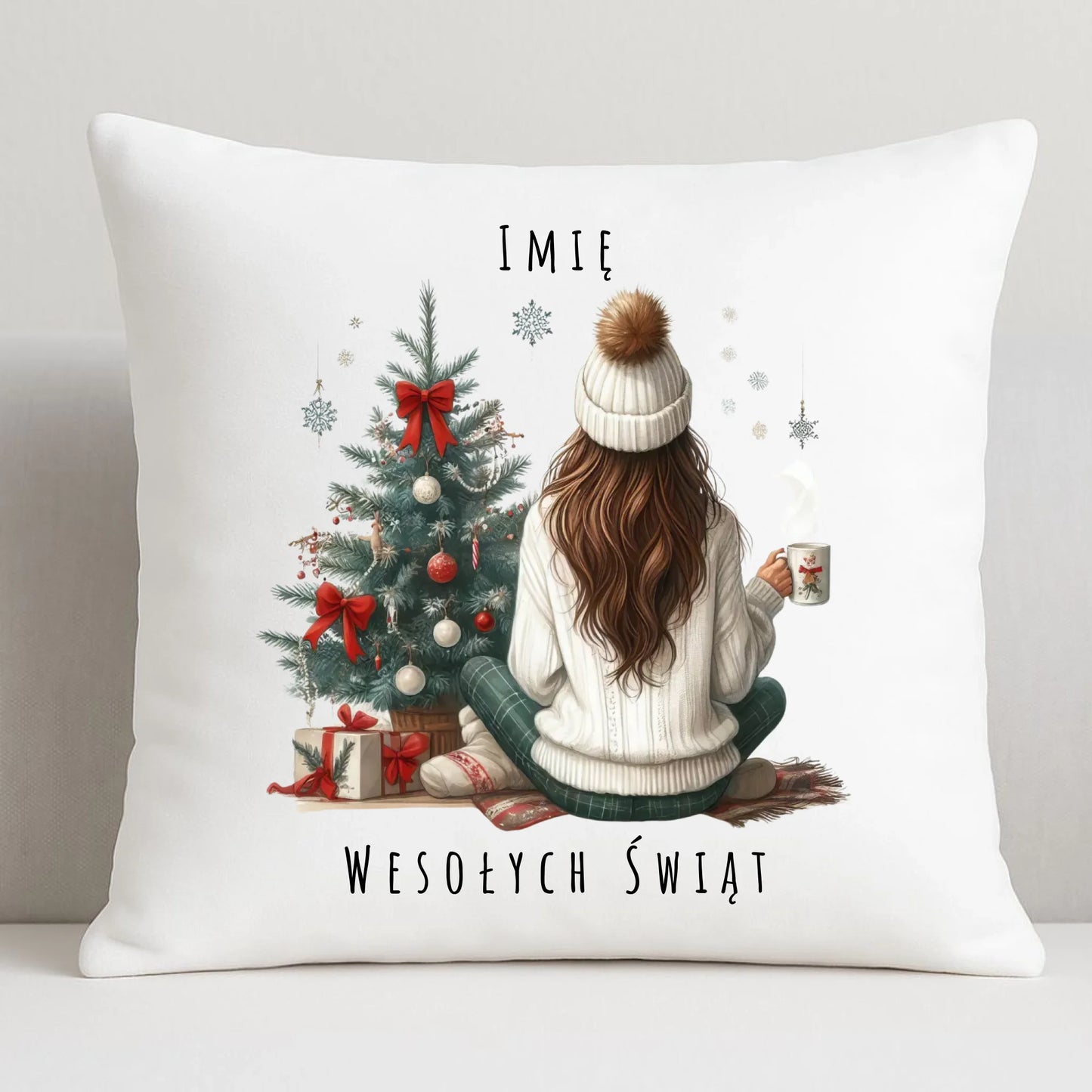 Poduszka świąteczna - Dziewczyna przy choince - personalizowana BN15 - StoryCups.pl