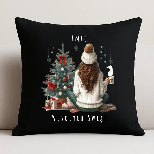 Poduszka dekoracyjna świąteczna - Dziewczyna przy choince - personalizowana BN15 - StoryCups.pl