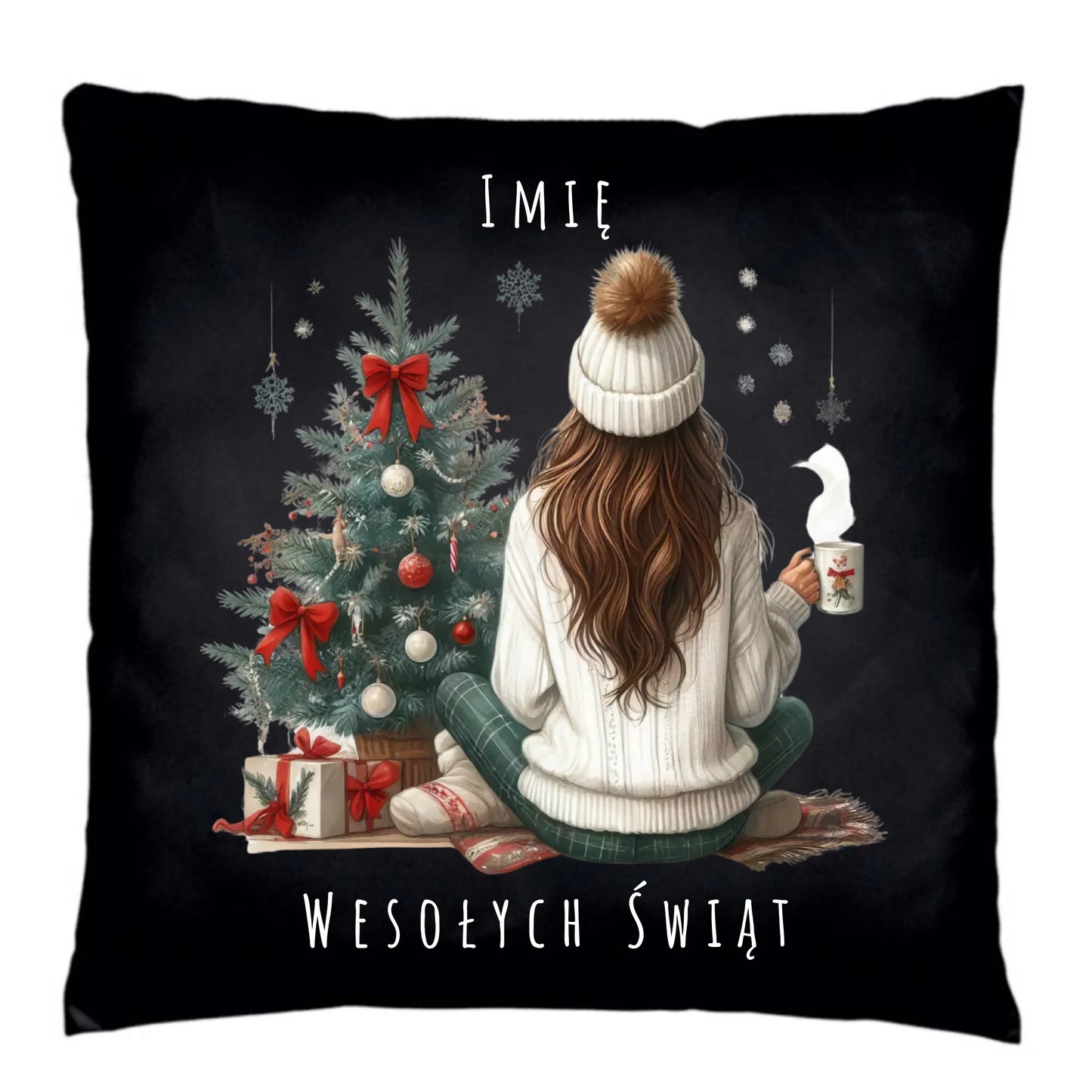Poduszka dekoracyjna świąteczna - Dziewczyna przy choince - personalizowana BN15 - StoryCups.pl