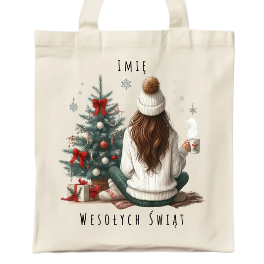 Torba świąteczna - Dziewczyna przy choince - personalizowana BN15 - StoryCups.pl