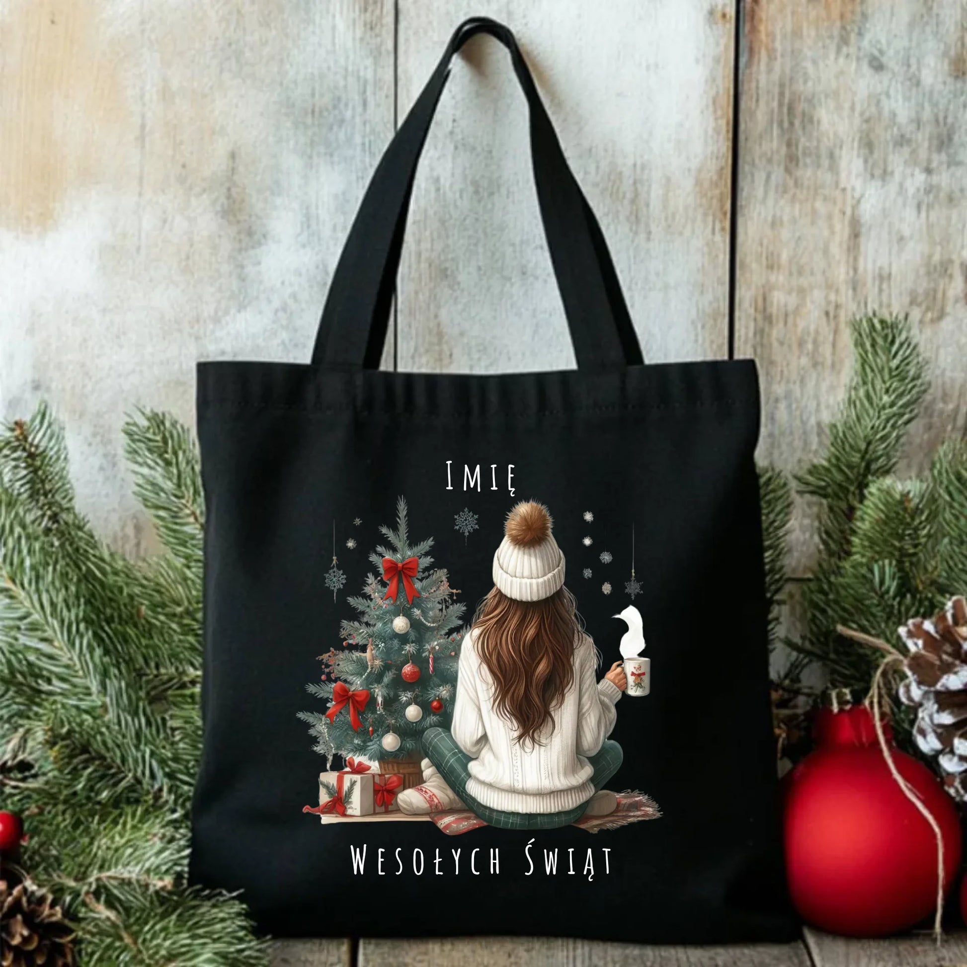 Torba świąteczna - Dziewczyna przy choince - personalizowana BN15 - StoryCups.pl