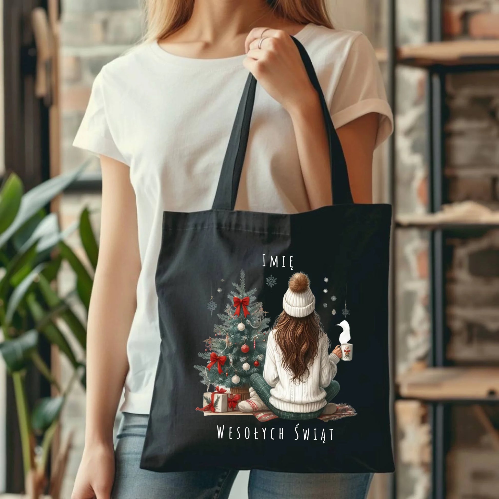 Torba świąteczna - Dziewczyna przy choince - personalizowana BN15 - StoryCups.pl