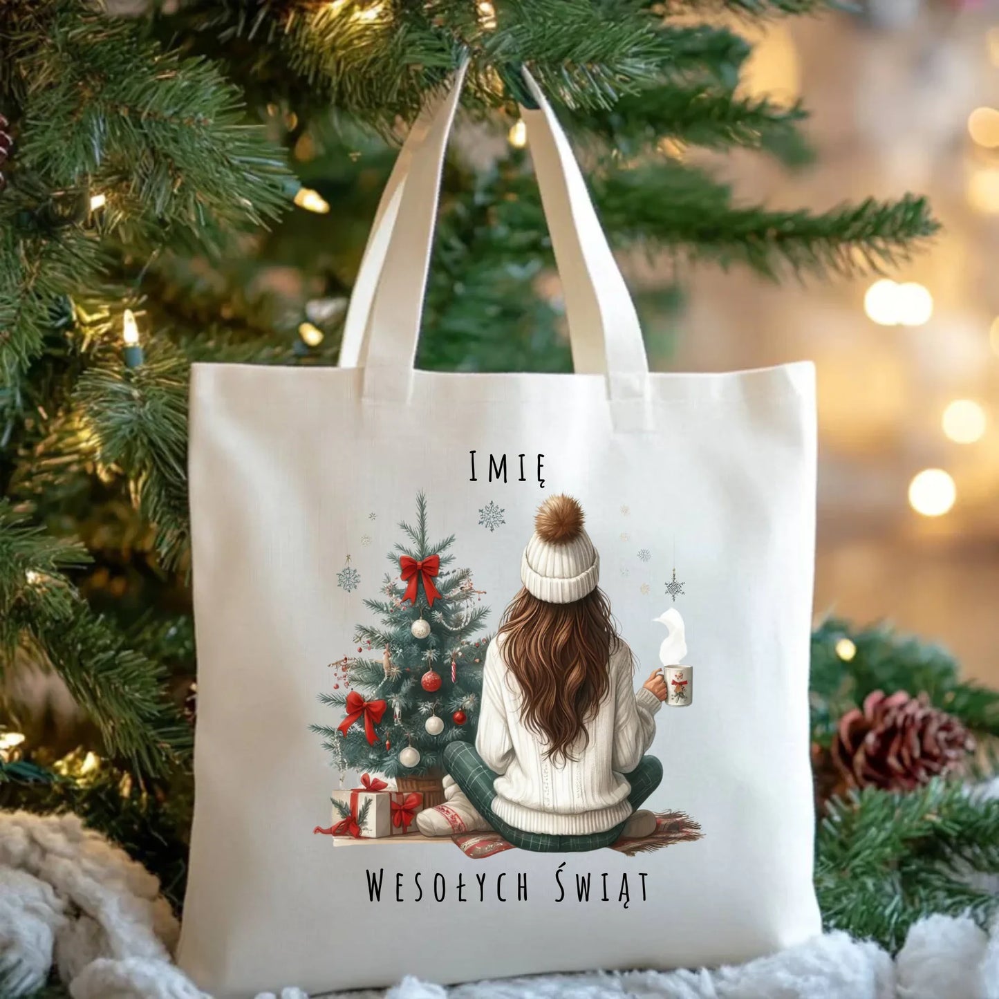 Torba świąteczna - Dziewczyna przy choince - personalizowana BN15 - StoryCups.pl
