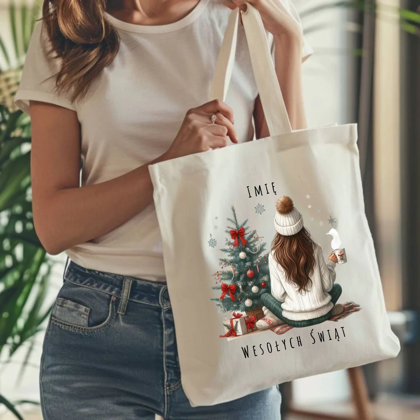 Torba świąteczna - Dziewczyna przy choince - personalizowana BN15 - StoryCups.pl