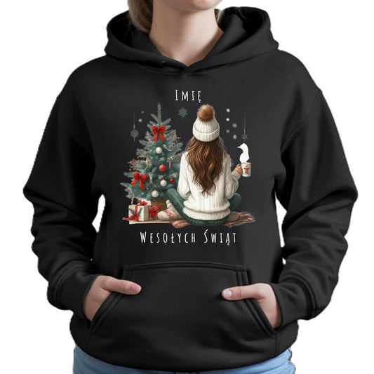 Bluza damska z kapturem świąteczna - Dziewczyna przy choince - personalizowana BN15 - StoryCups.pl