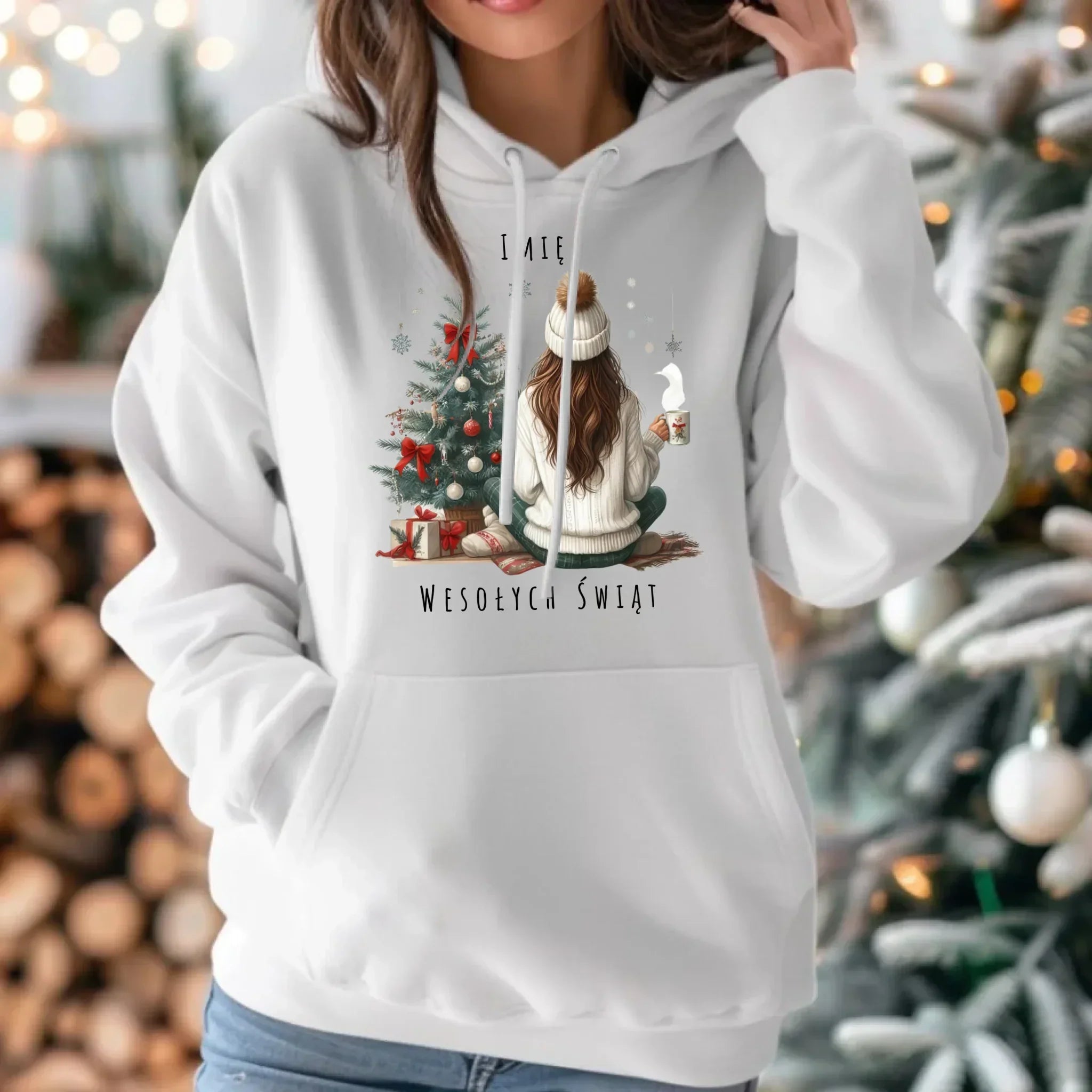 Bluza damska z kapturem świąteczna - Dziewczyna przy choince - personalizowana BN15 - StoryCups.pl