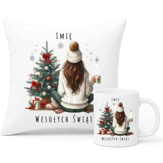 Zestaw poduszka i kubek świąteczny - Dziewczyna przy choince - personalizowany BN15 - StoryCups.pl
