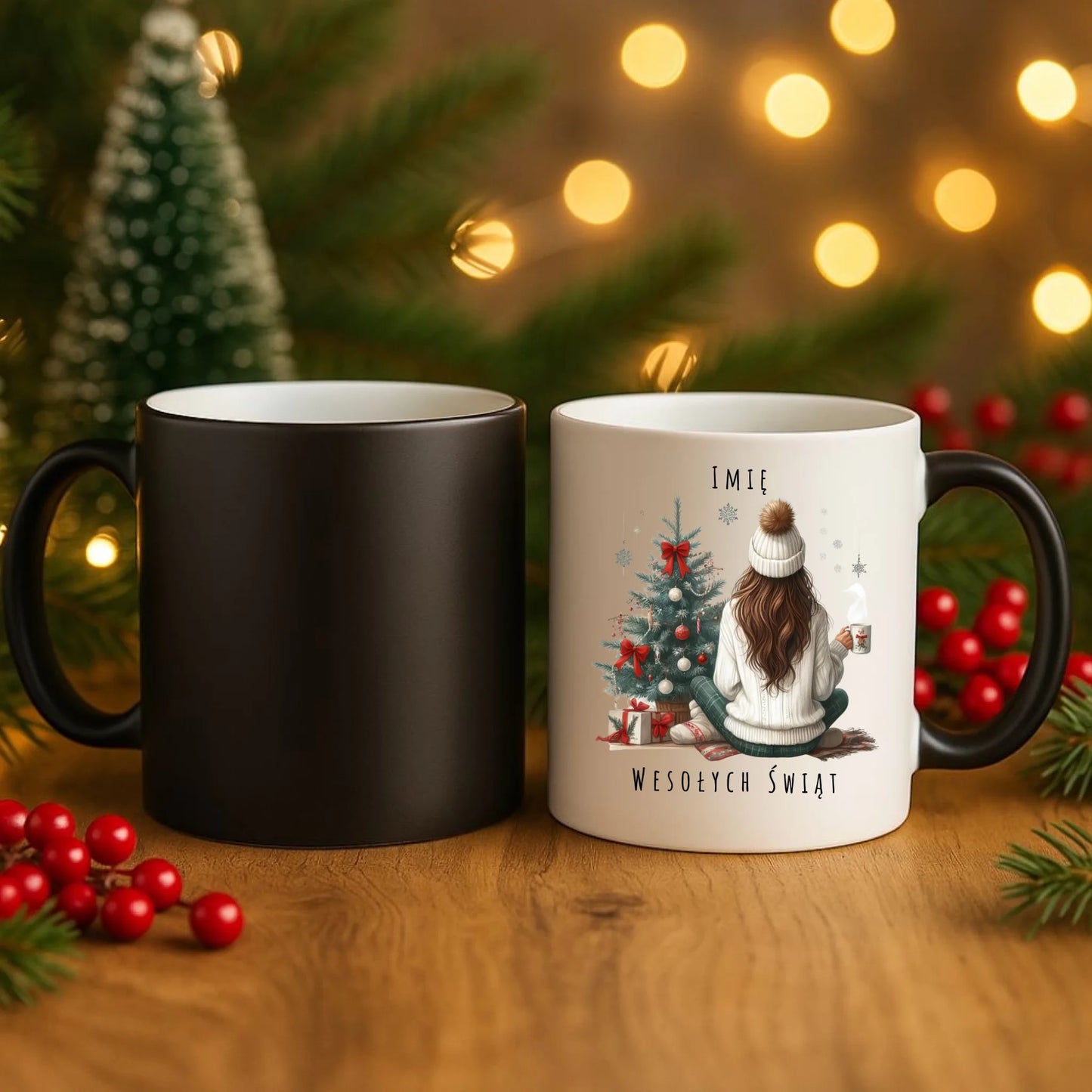 Kubek magiczny świąteczny - Dziewczyna przy choince - personalizowany BN15 - StoryCups.pl