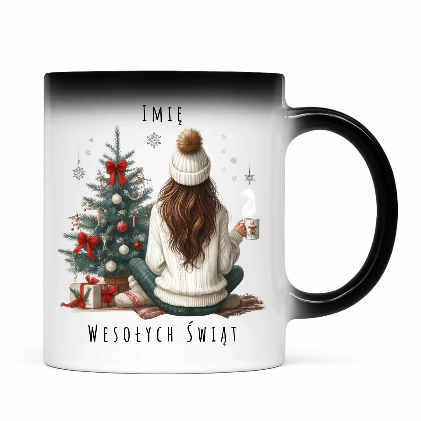 Kubek magiczny świąteczny - Dziewczyna przy choince - personalizowany BN15 - StoryCups.pl