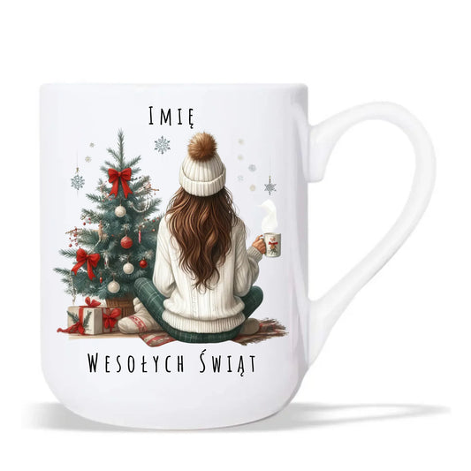Kubek elegant świąteczny - Dziewczyna przy choince - personalizowany BN15 - StoryCups.pl