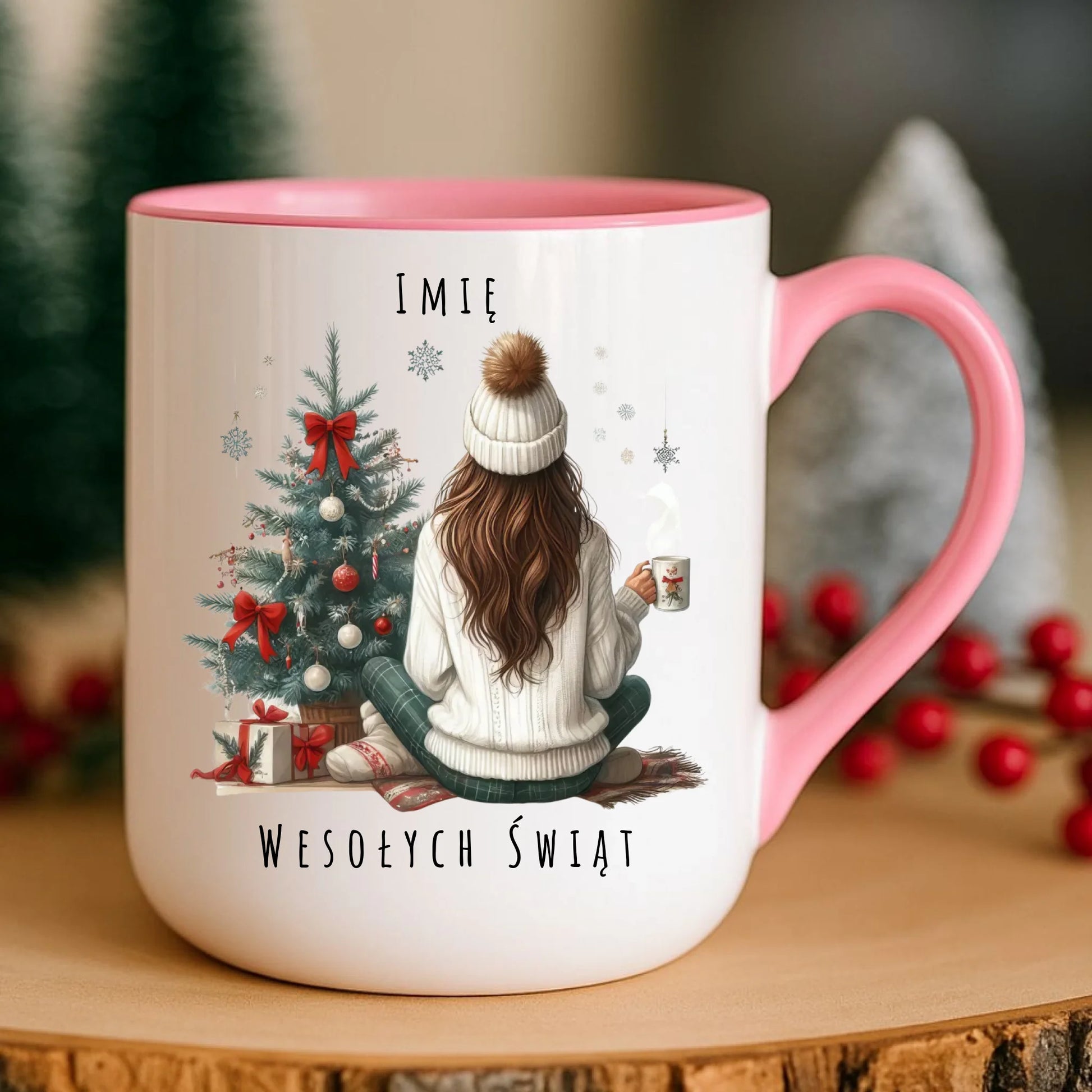Kubek elegant świąteczny - Dziewczyna przy choince - personalizowany BN15 - StoryCups.pl