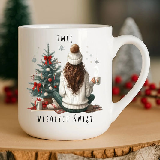Kubek elegant świąteczny - Dziewczyna przy choince - personalizowany BN15 - StoryCups.pl