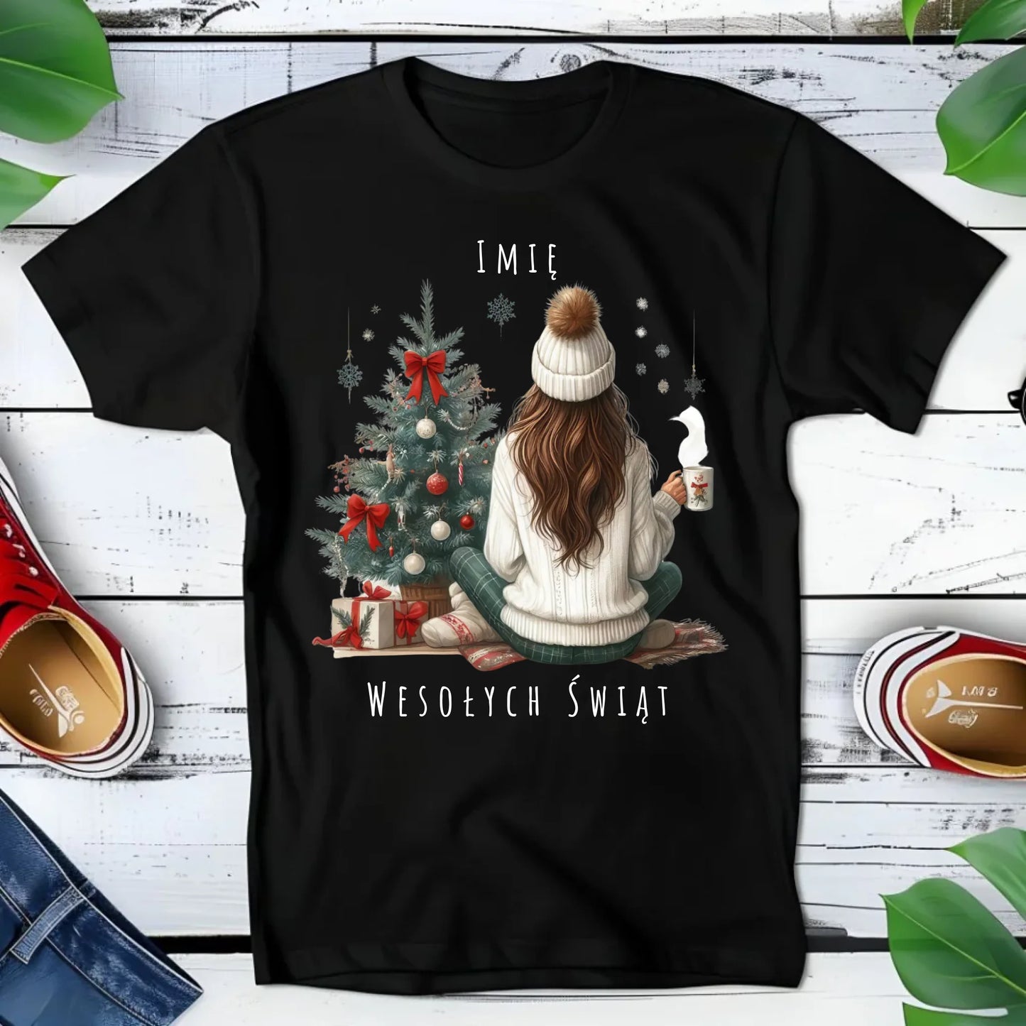 Koszulka dziecięca świąteczna - Dziewczyna przy choince - personalizowana BN15 - StoryCups.pl