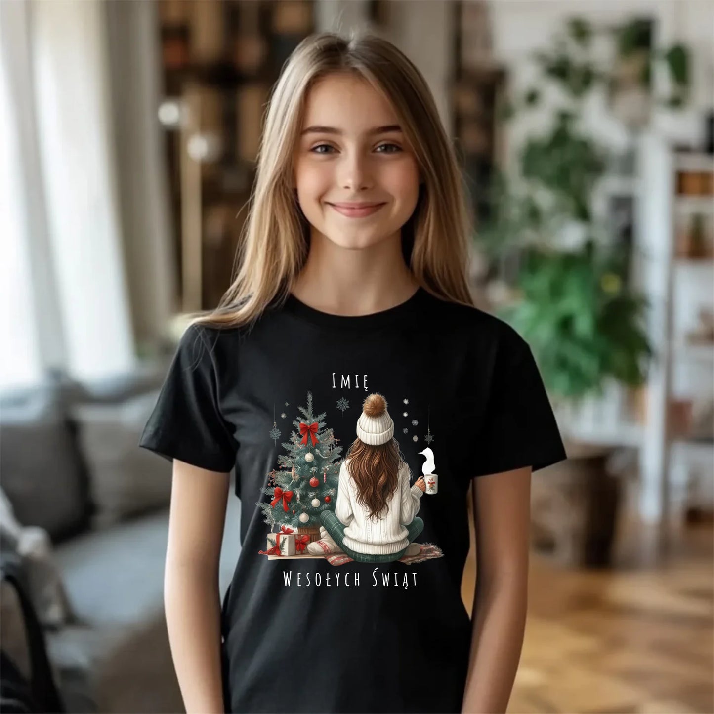 Koszulka dziecięca świąteczna - Dziewczyna przy choince - personalizowana BN15 - StoryCups.pl