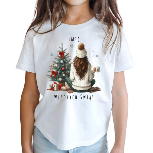 Koszulka dziecięca świąteczna - Dziewczyna przy choince - personalizowana BN15 - StoryCups.pl