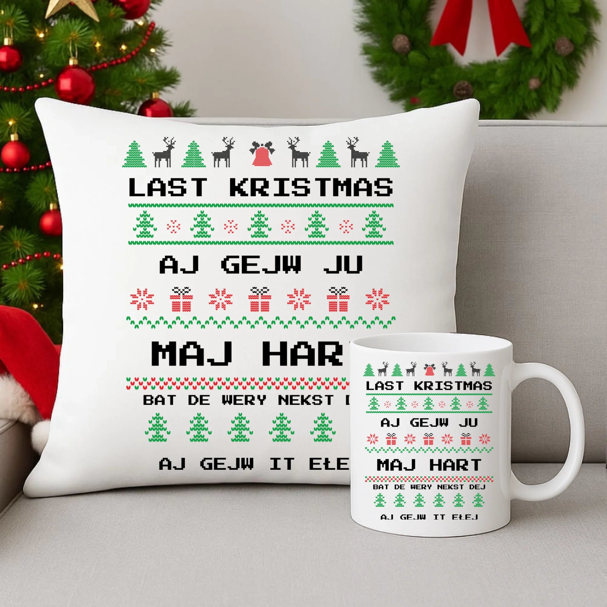 Zestaw poduszka i kubek świąteczny - Last kristmas aj gejw ju maj hart BN13 - StoryCups.pl