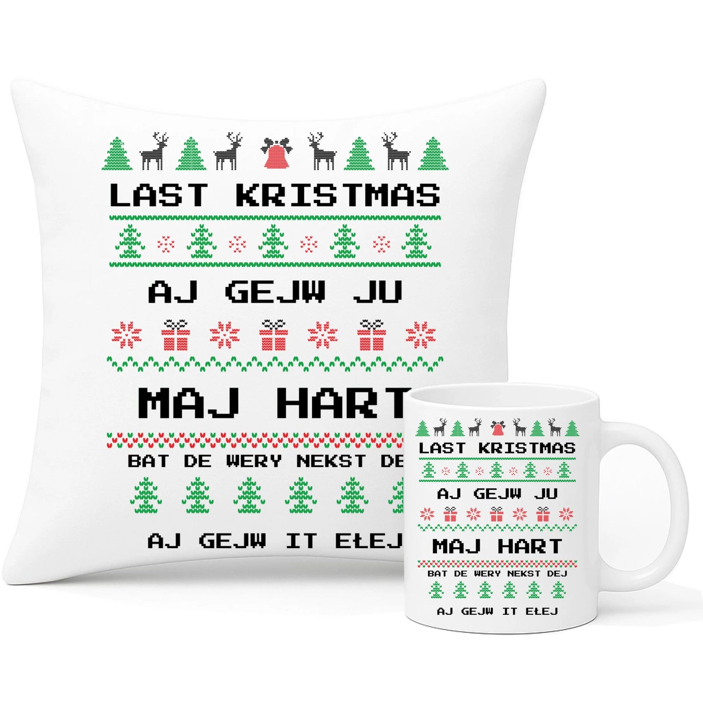 Zestaw poduszka i kubek świąteczny - Last kristmas aj gejw ju maj hart BN13 - StoryCups.pl