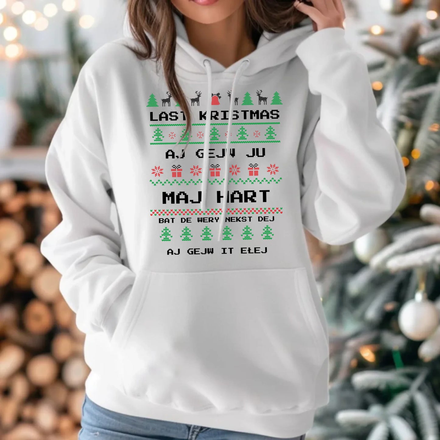 Bluza damska z kapturem świąteczna - Last kristmas aj gejw ju maj hart BN13 - StoryCups.pl