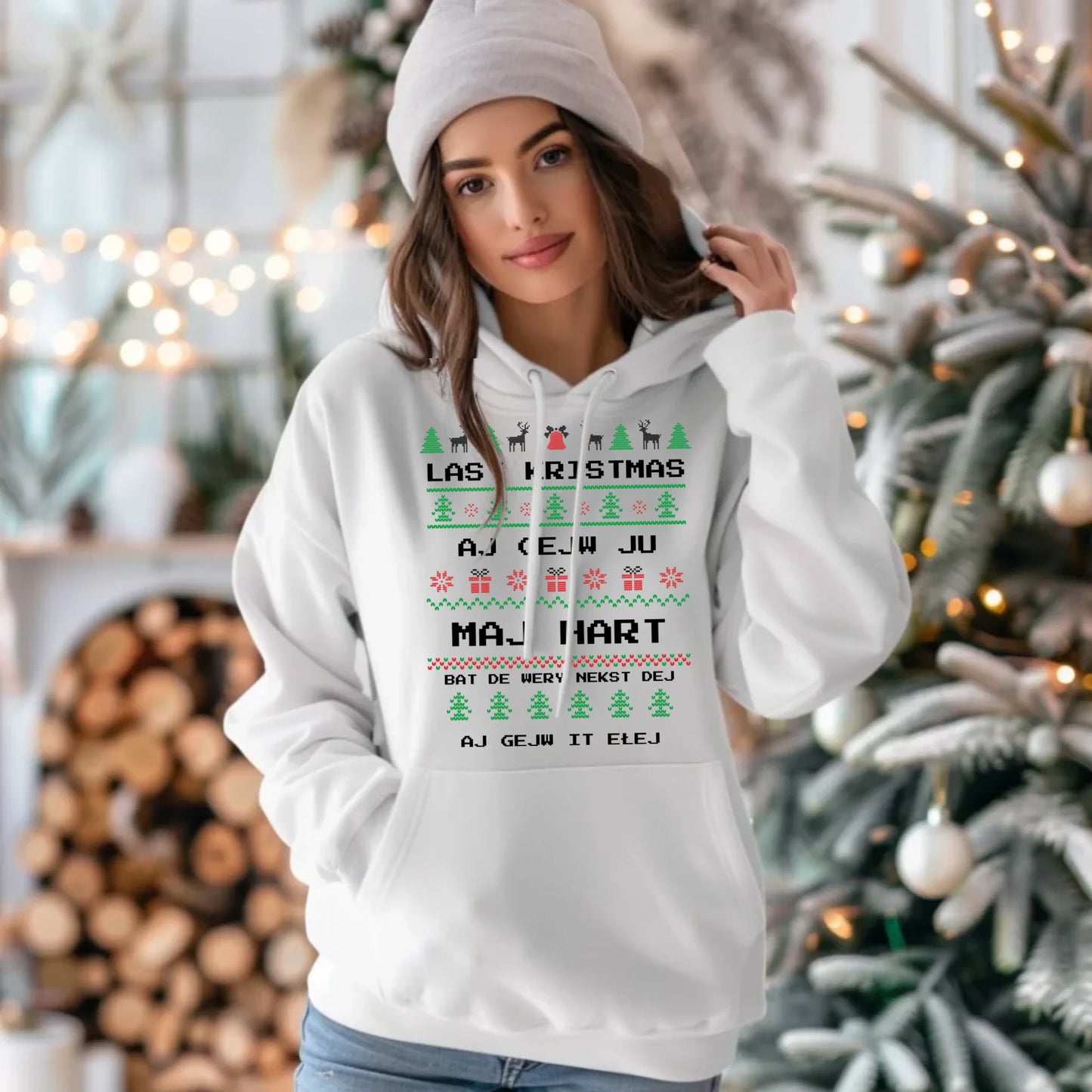 Bluza damska z kapturem świąteczna - Last kristmas aj gejw ju maj hart BN13 - StoryCups.pl
