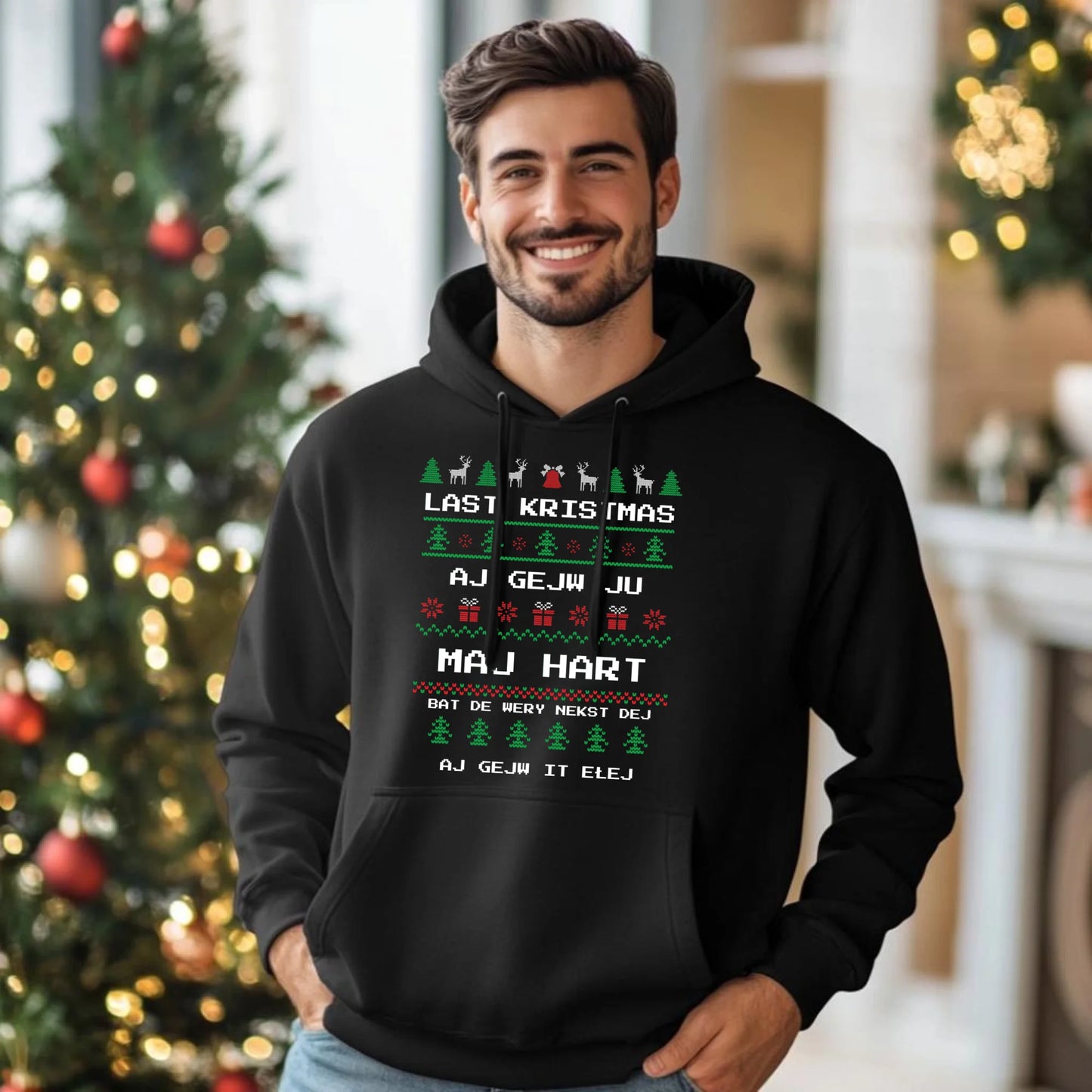 Bluza męska z kapturem świąteczna - Last kristmas aj gejw ju maj hart BN13 - StoryCups.pl