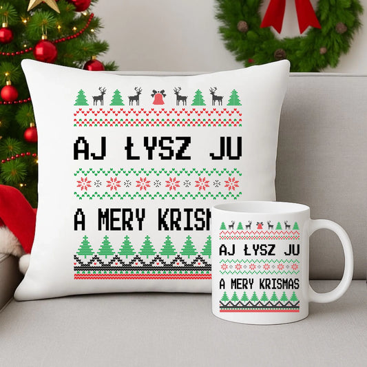 Zestaw poduszka i kubek świąteczny - Aj łysz ju a mery krismas BN12 - StoryCups.pl