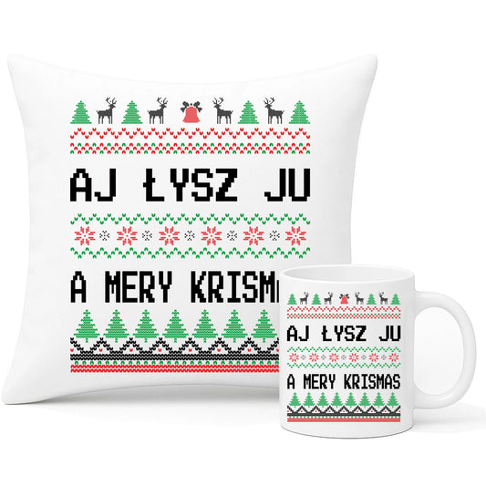 Zestaw poduszka i kubek świąteczny - Aj łysz ju a mery krismas BN12 - StoryCups.pl