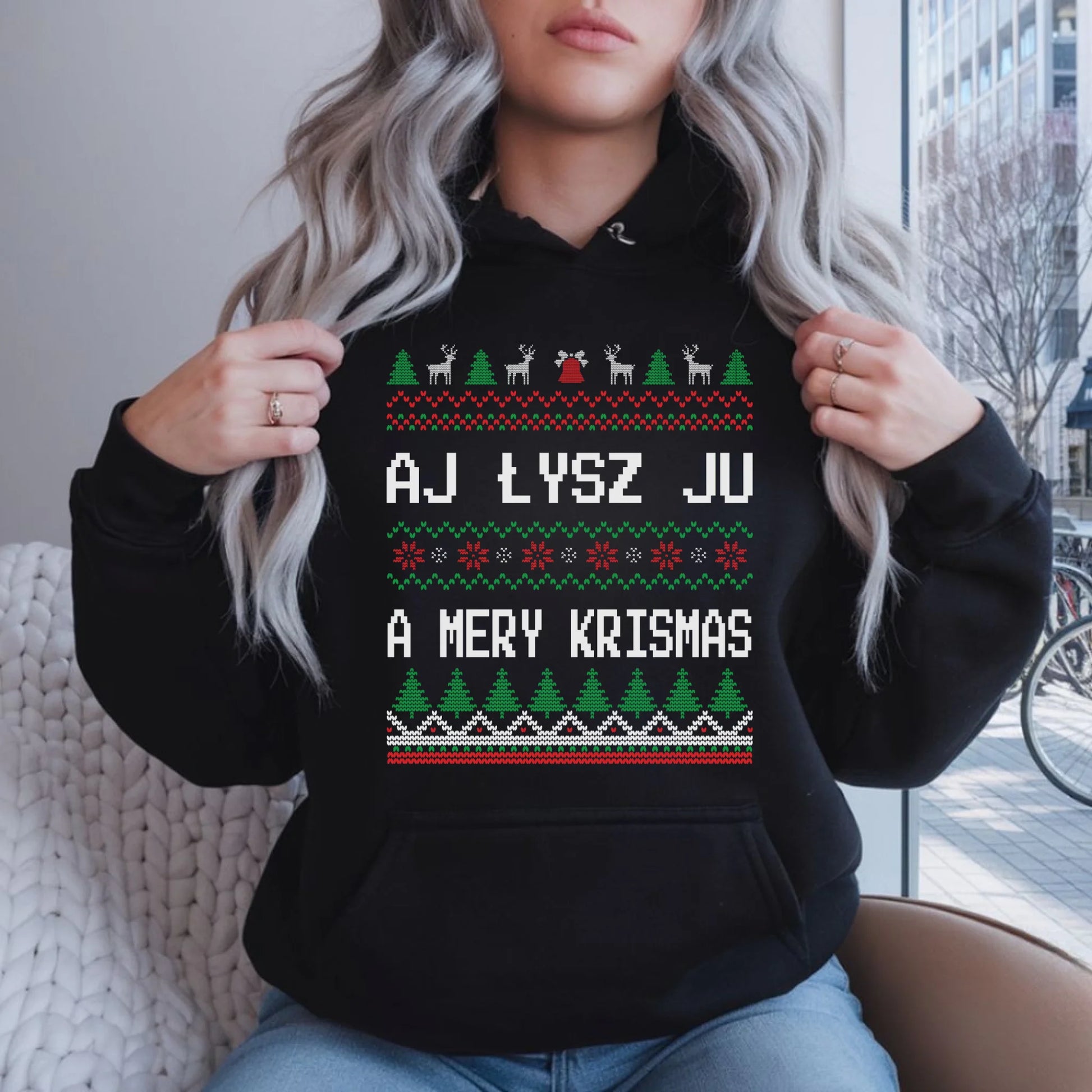 Bluza damska z kapturem świąteczna - Aj łysz ju a mery krismas BN12 - StoryCups.pl