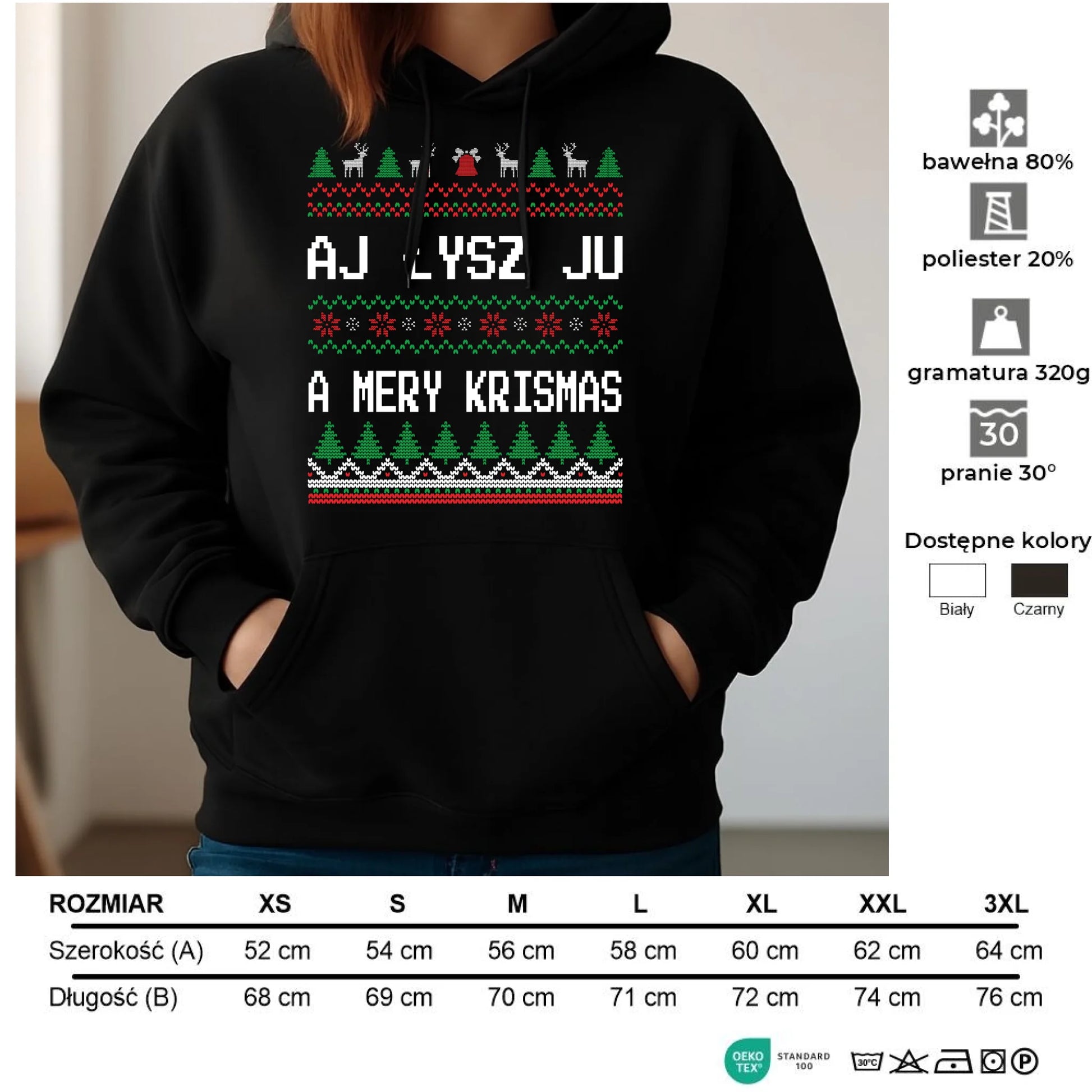 Bluza damska z kapturem świąteczna - Aj łysz ju a mery krismas BN12 - StoryCups.pl