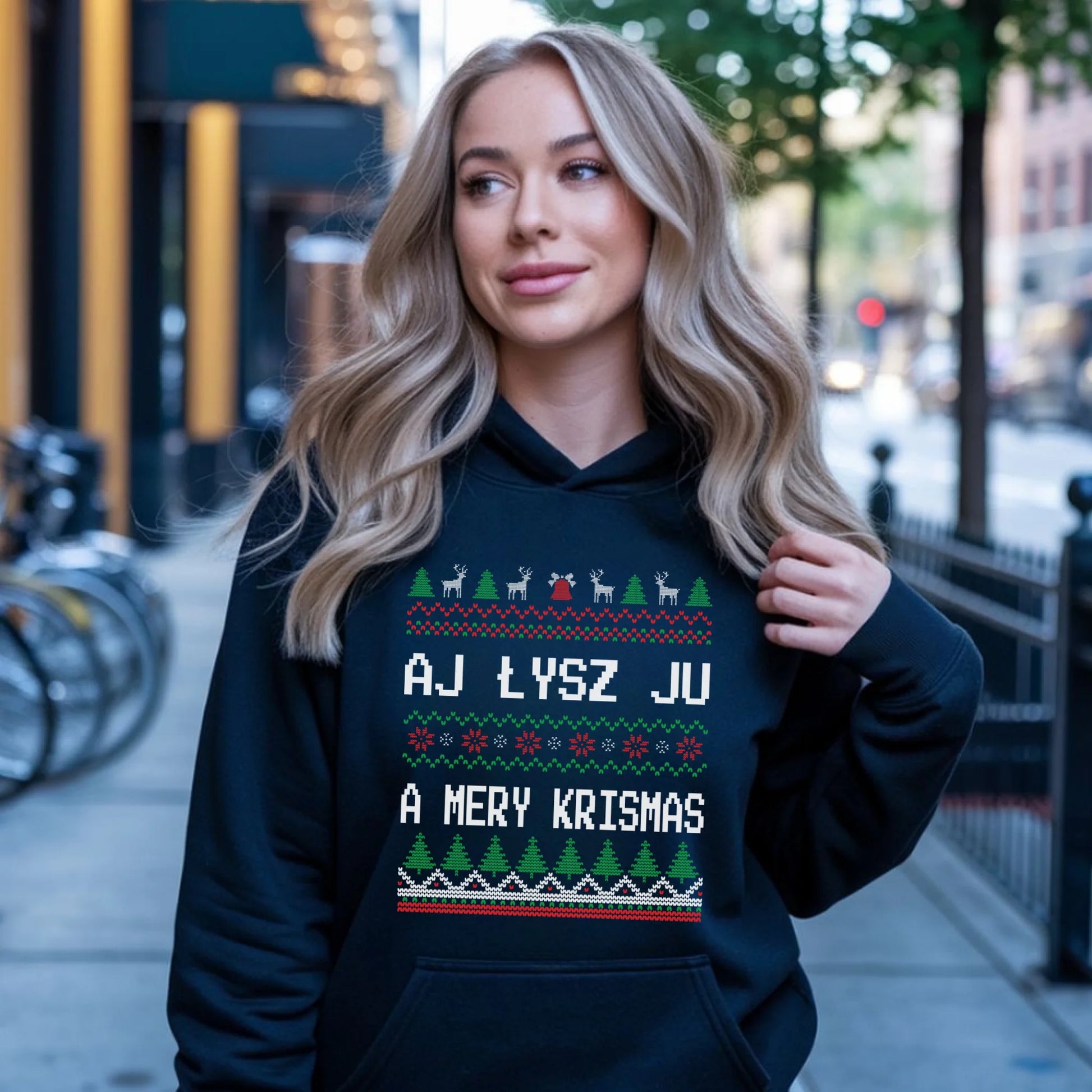Bluza damska z kapturem świąteczna - Aj łysz ju a mery krismas BN12 - StoryCups.pl