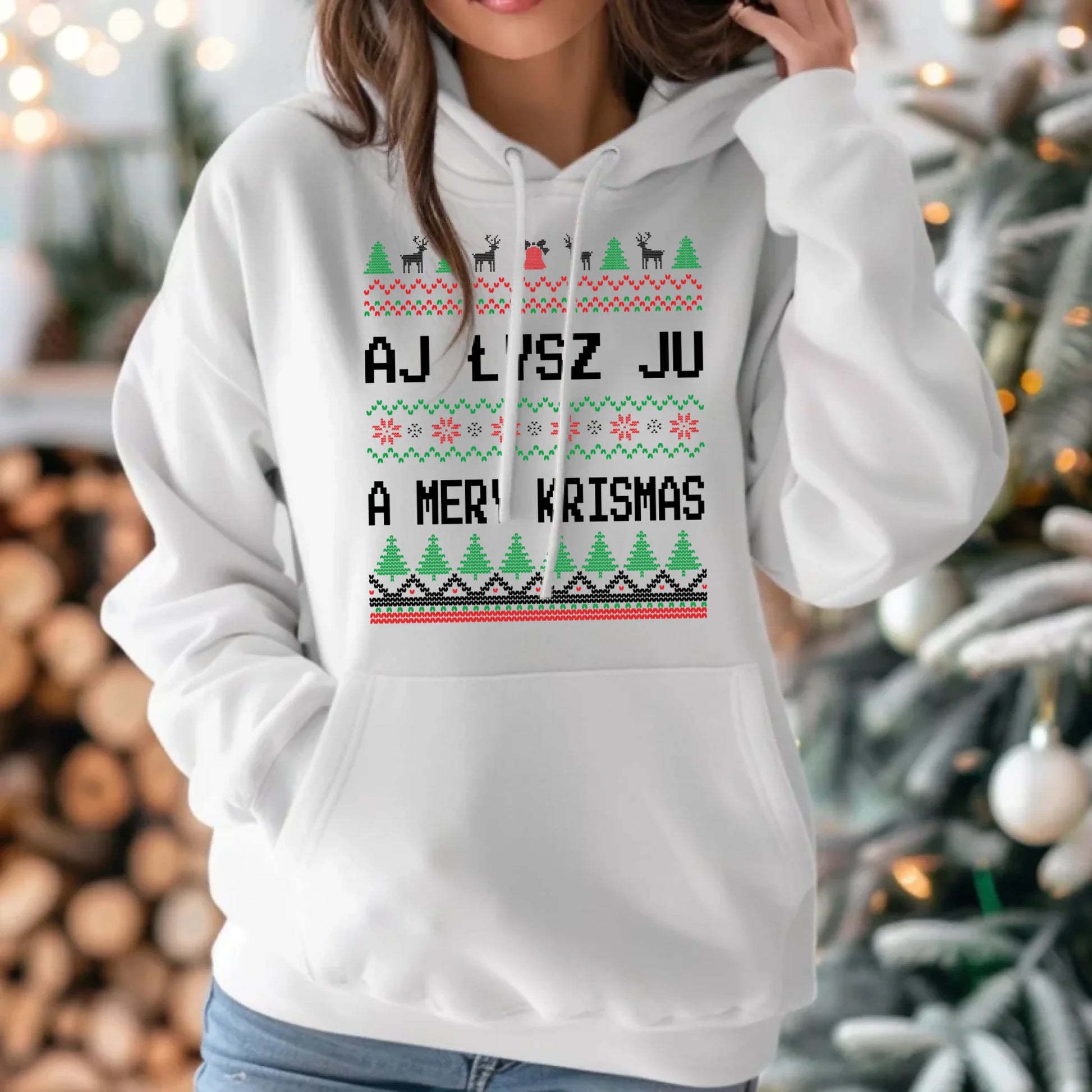 Bluza damska z kapturem świąteczna - Aj łysz ju a mery krismas BN12 - StoryCups.pl