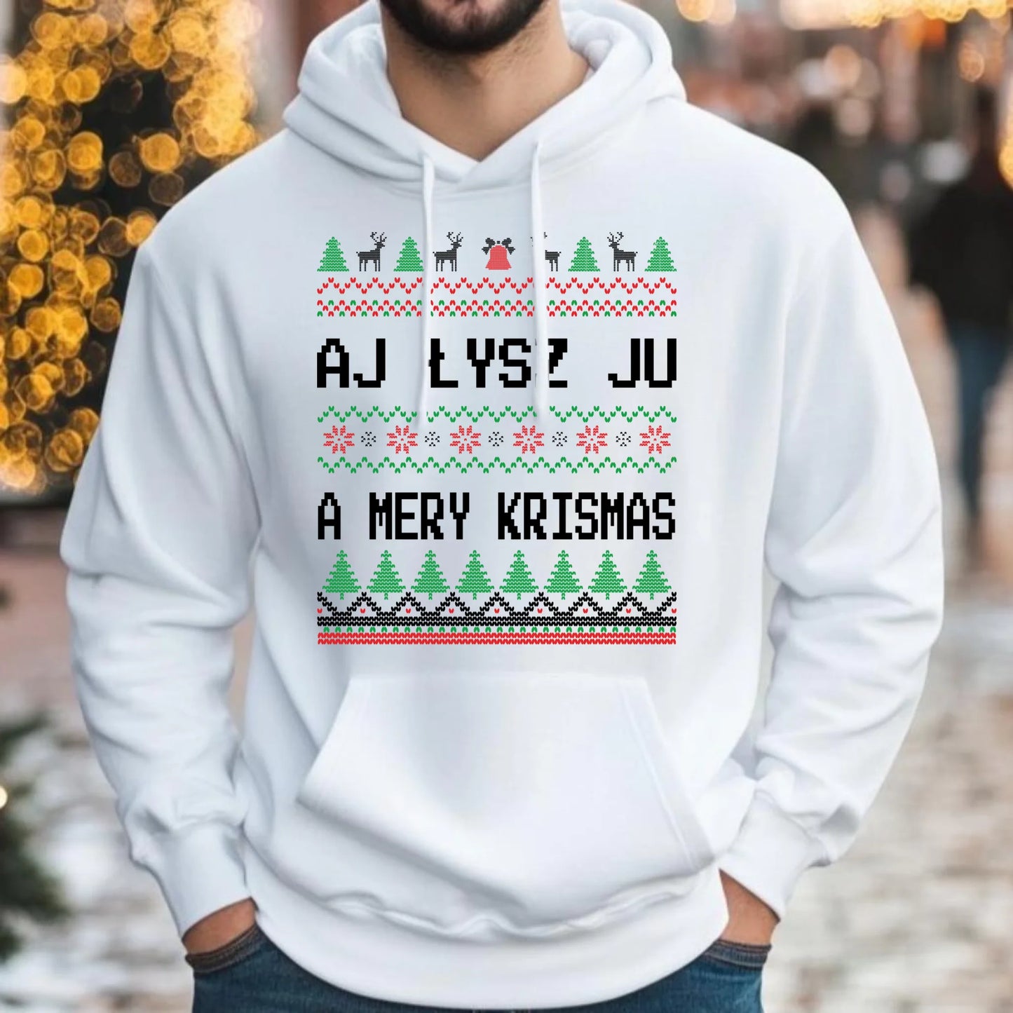 Bluza męska z kapturem świąteczna - Aj łysz ju a mery krismas BN12 - StoryCups.pl