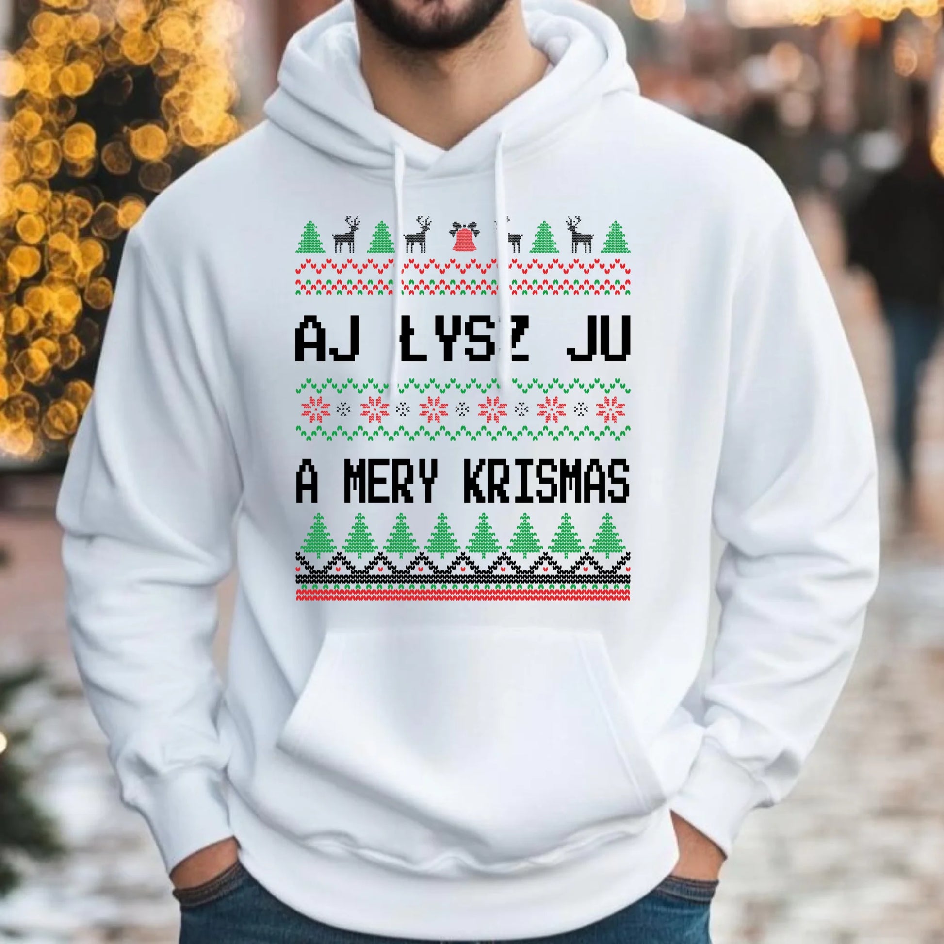Bluza męska z kapturem świąteczna - Aj łysz ju a mery krismas BN12 - StoryCups.pl