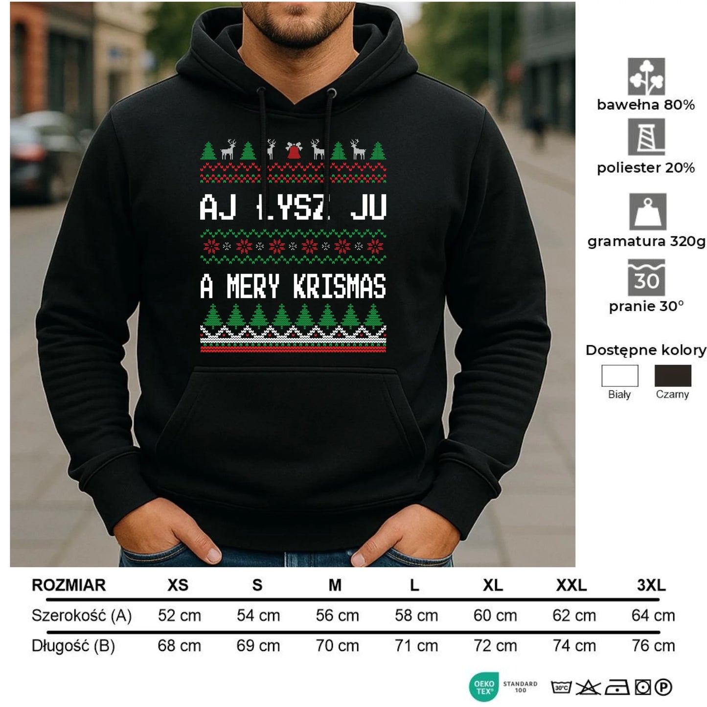 Bluza męska z kapturem świąteczna - Aj łysz ju a mery krismas BN12 - StoryCups.pl