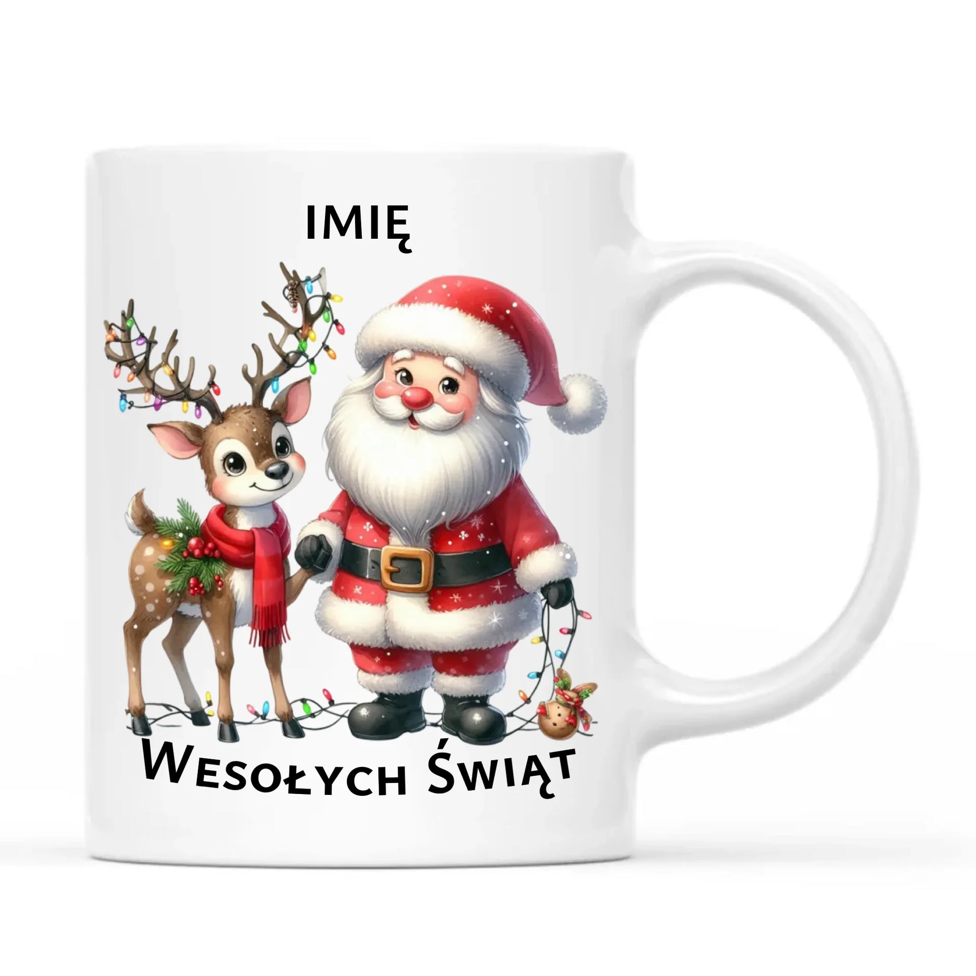 Kubek świąteczny - Mikołaj z reniferem - personalizowany BN09 - StoryCups.pl