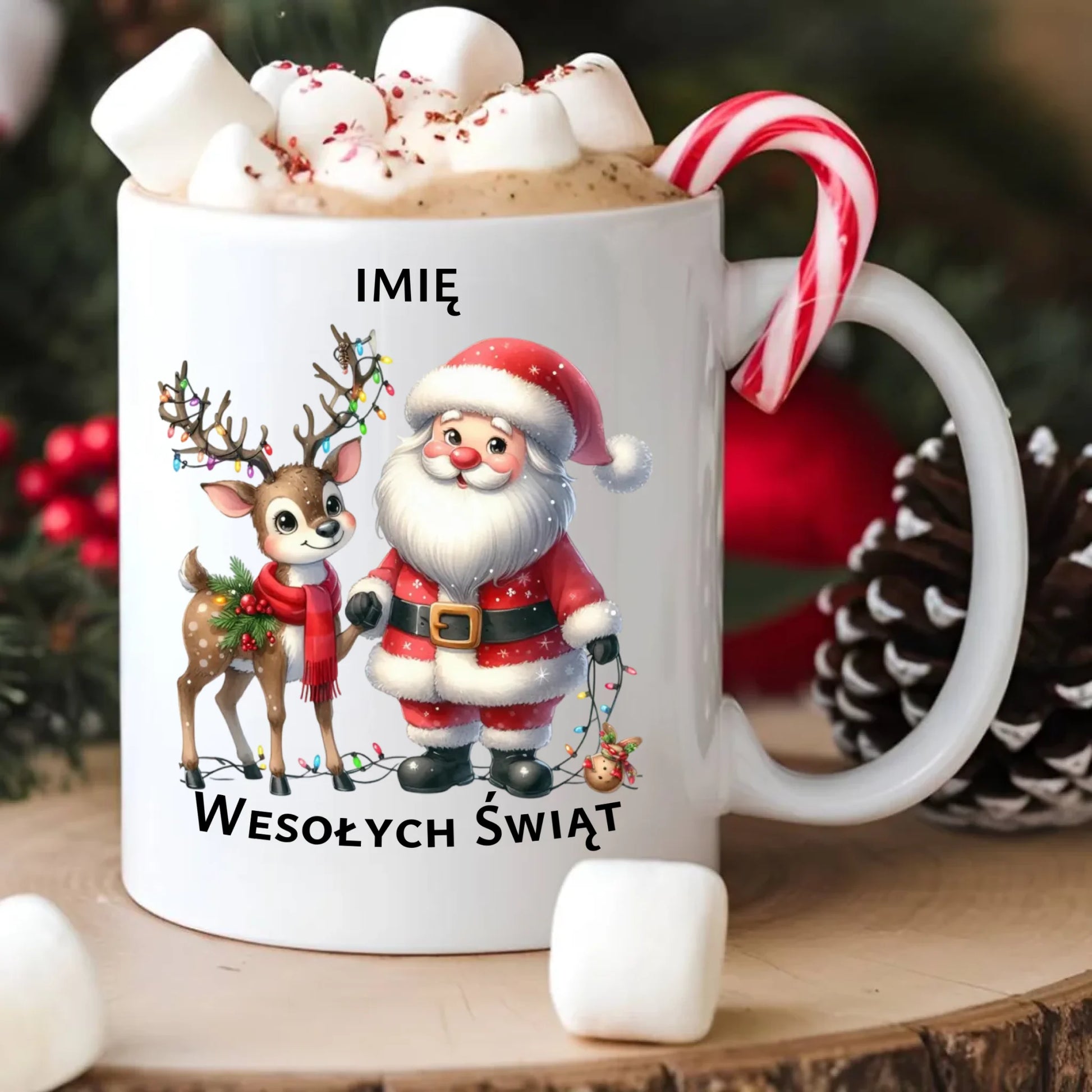 Kubek świąteczny - Mikołaj z reniferem - personalizowany BN09 - StoryCups.pl