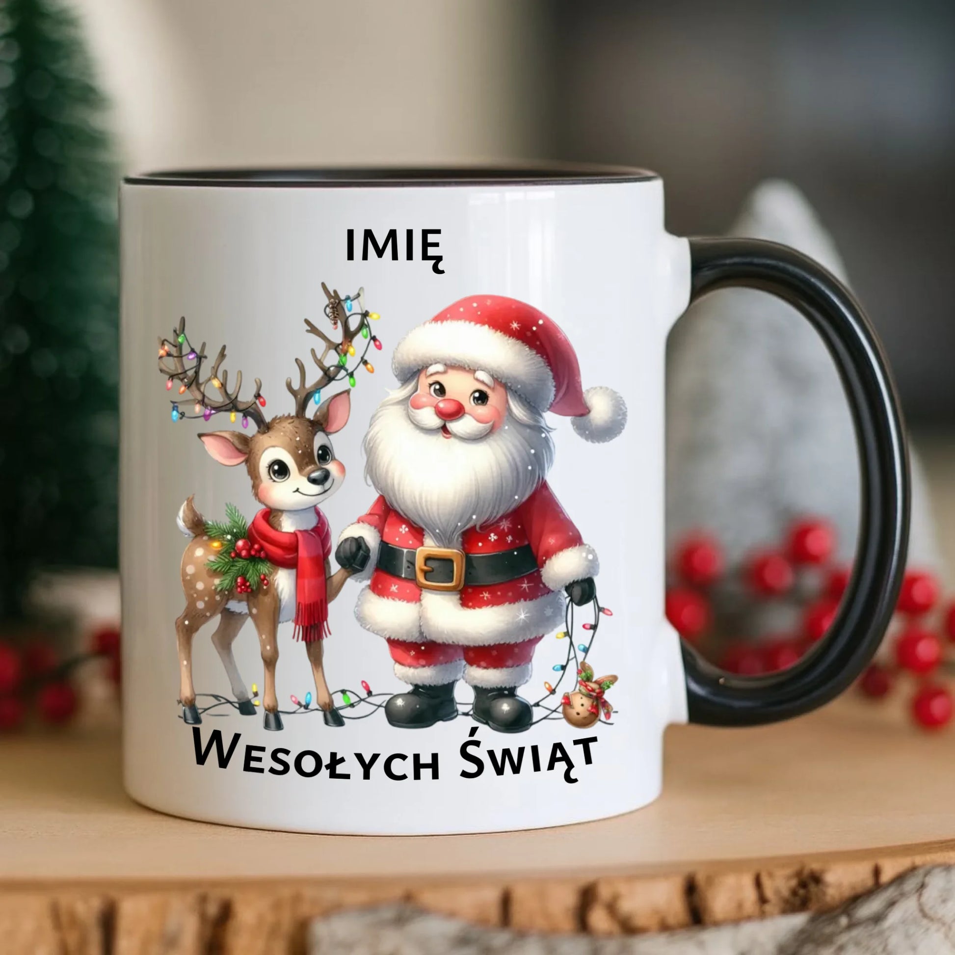 Kubek świąteczny - Mikołaj z reniferem - personalizowany BN09 - StoryCups.pl