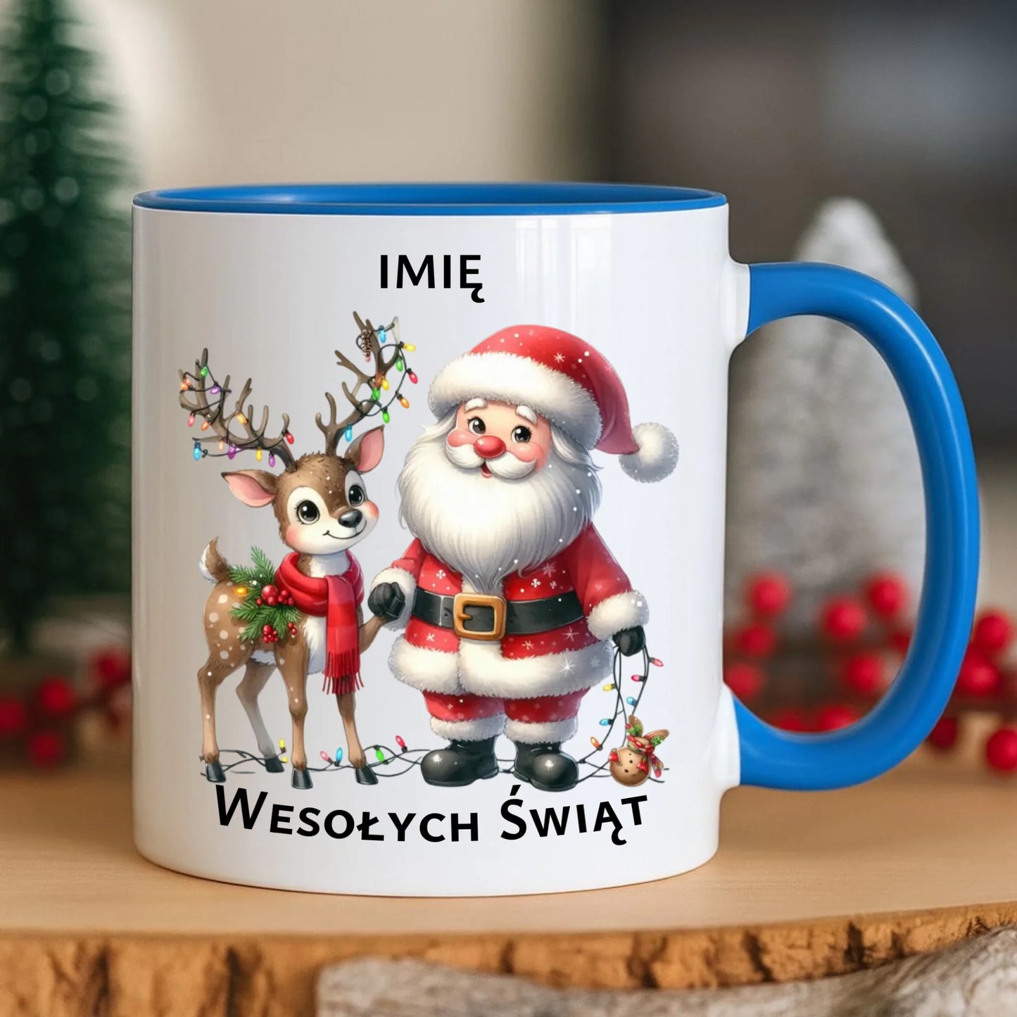 Kubek świąteczny - Mikołaj z reniferem - personalizowany BN09 - StoryCups.pl