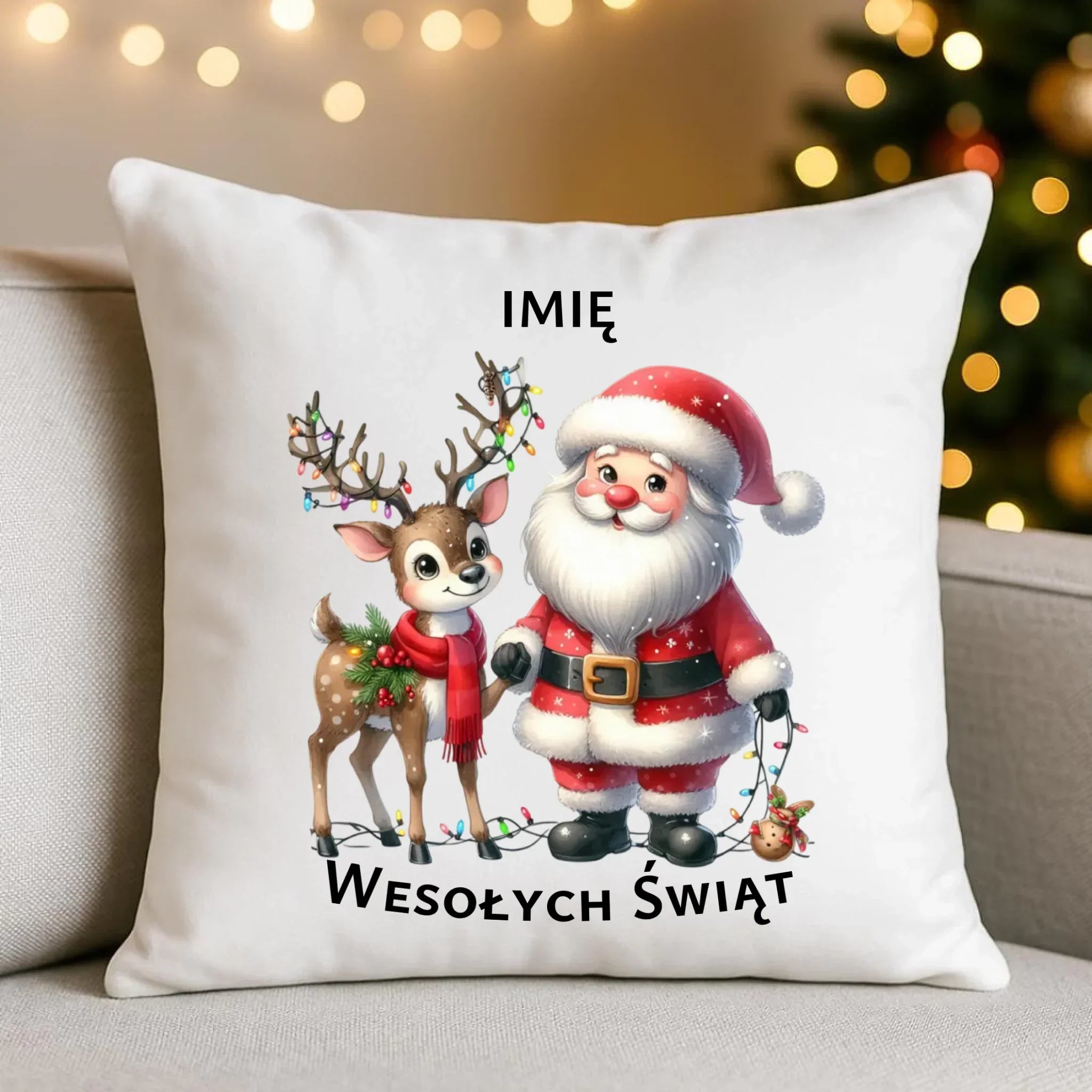 Poduszka świąteczna - Mikołaj z reniferem - personalizowana BN09 - StoryCups.pl