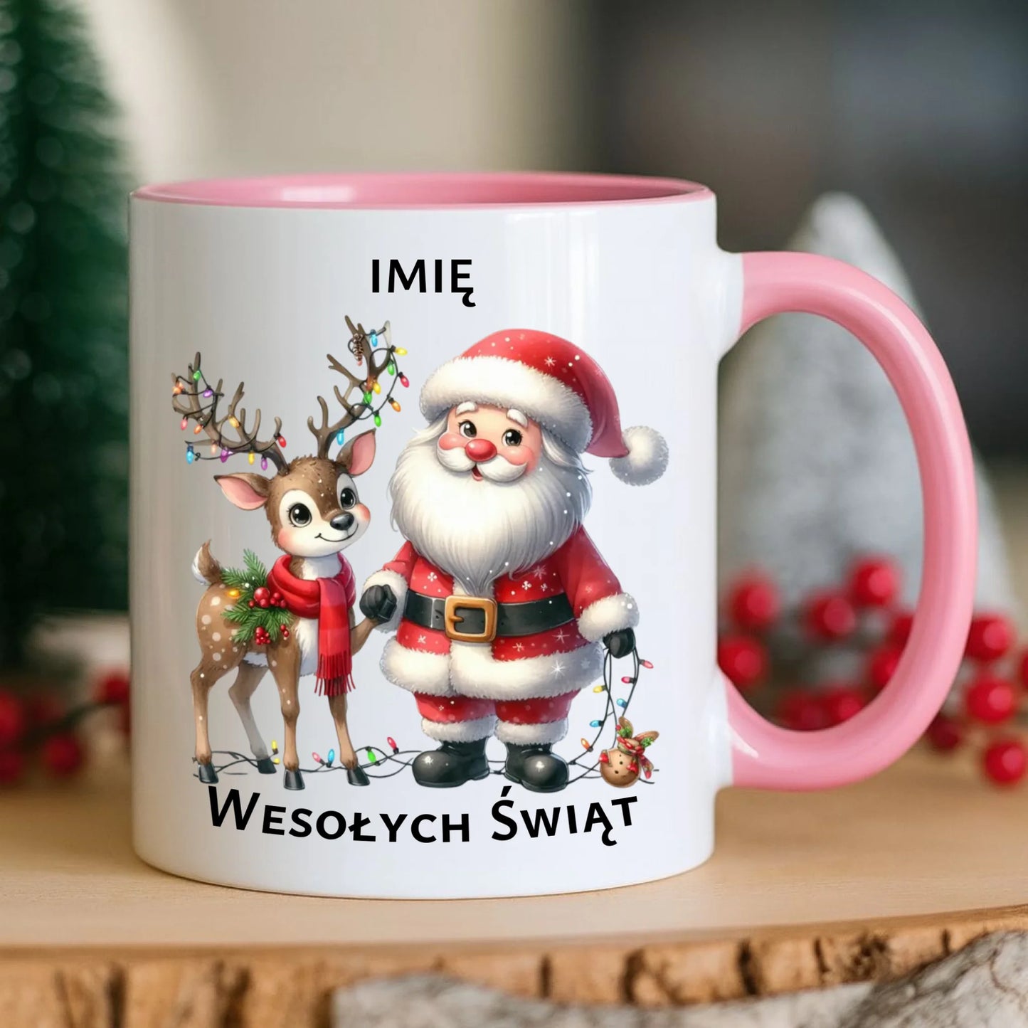 Kubek świąteczny - Mikołaj z reniferem - personalizowany BN09 - StoryCups.pl