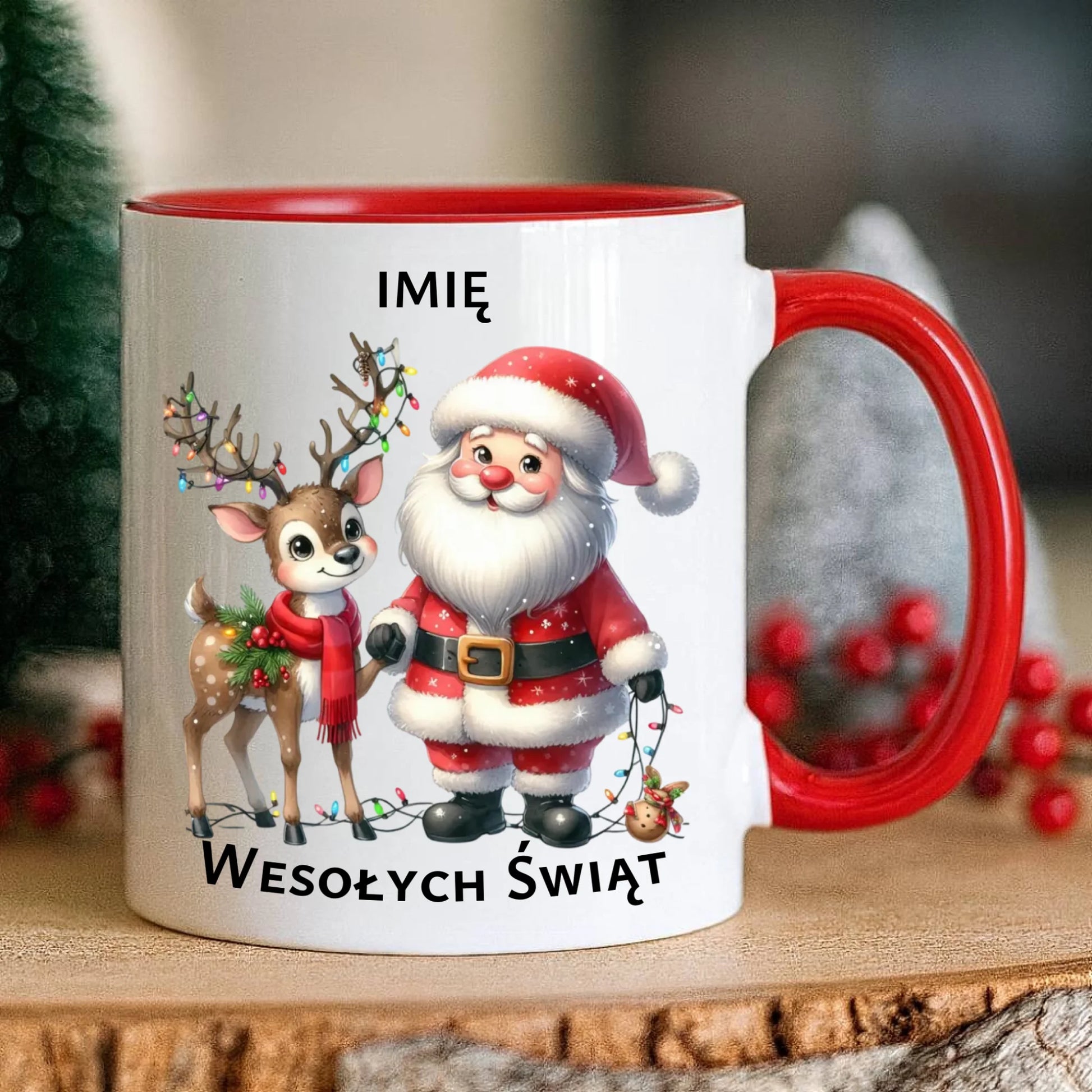 Kubek świąteczny - Mikołaj z reniferem - personalizowany BN09 - StoryCups.pl