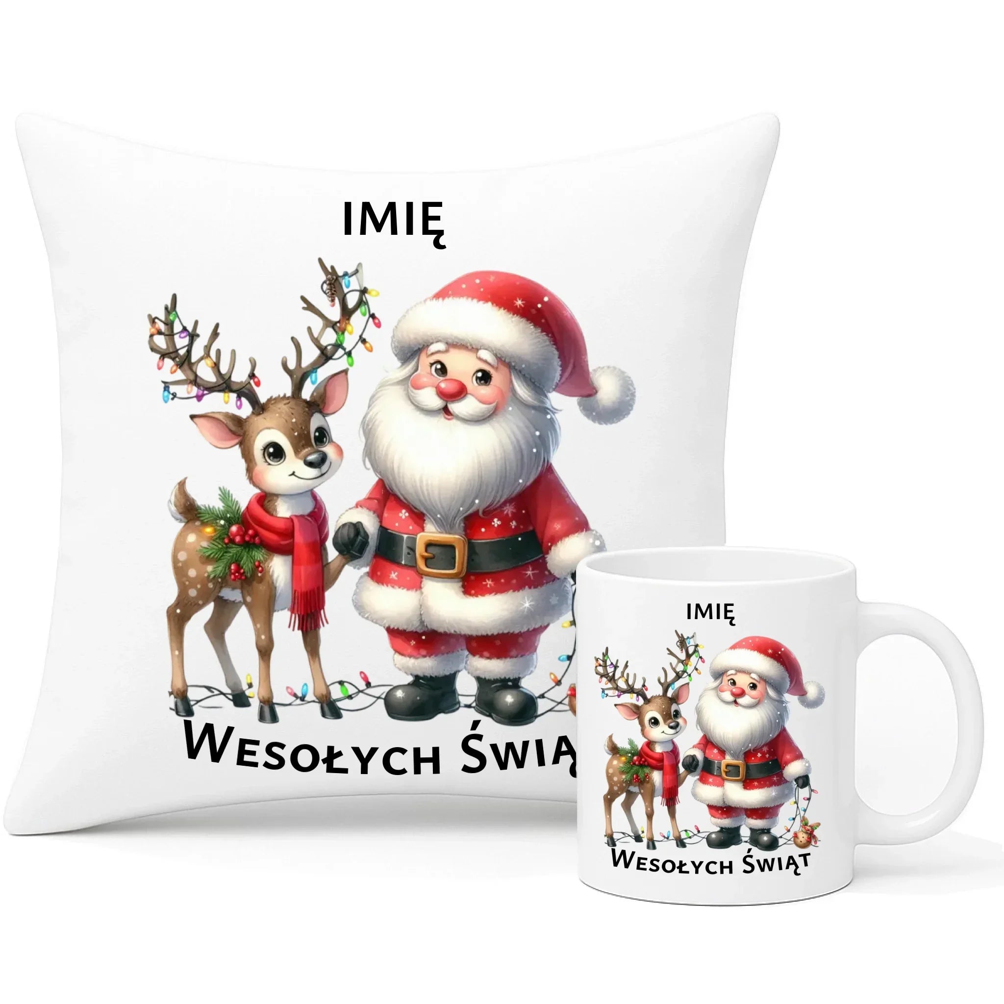 Zestaw poduszka i kubek świąteczny - Mikołaj z reniferem - personalizowany BN09 - StoryCups.pl