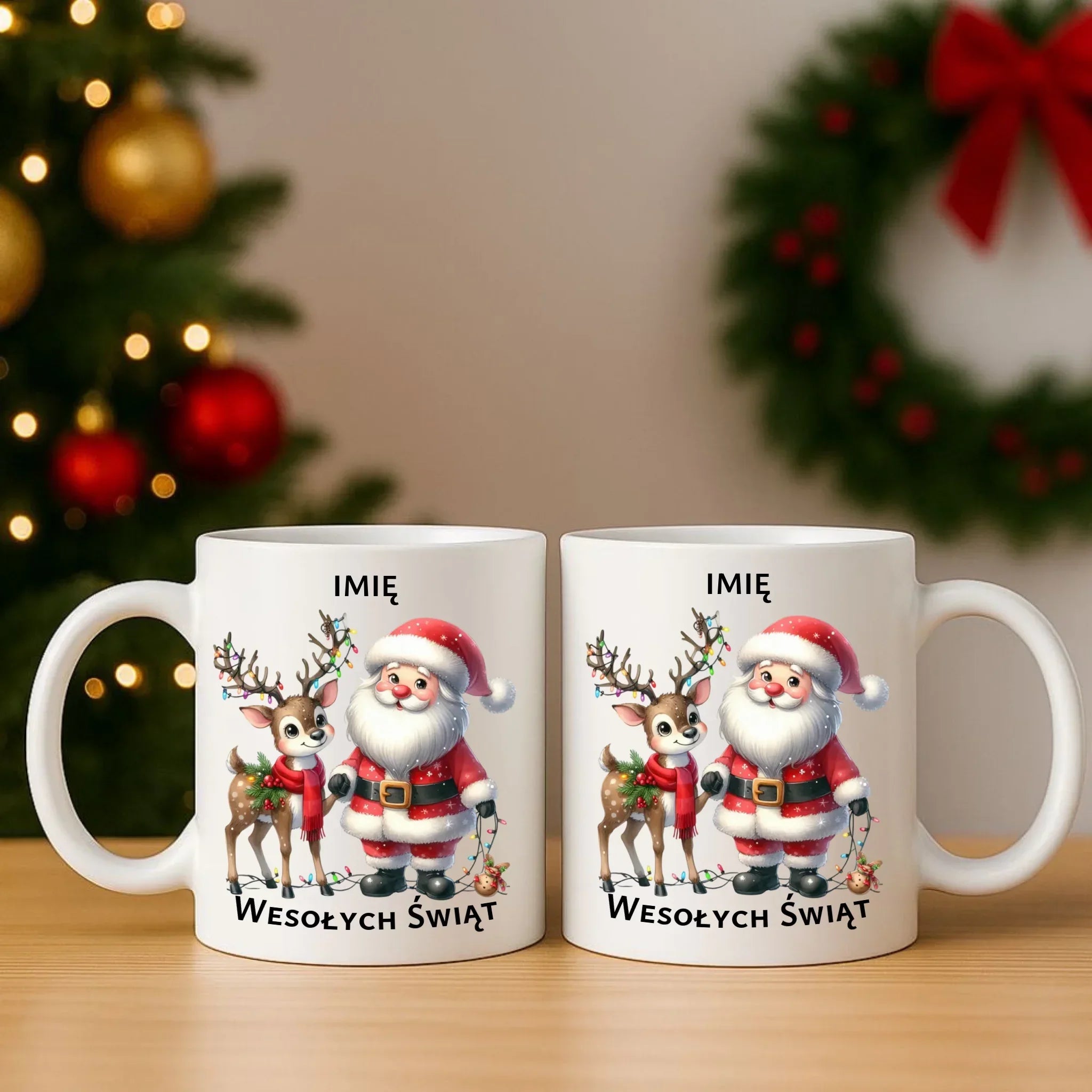 Zestaw poduszka i kubek świąteczny - Mikołaj z reniferem - personalizowany BN09 - StoryCups.pl