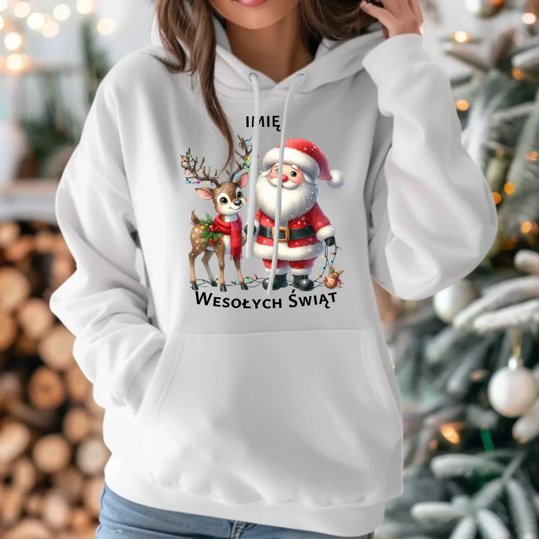 Bluza damska z kapturem świąteczna - Mikołaj z reniferem - personalizowana BN09 - StoryCups.pl