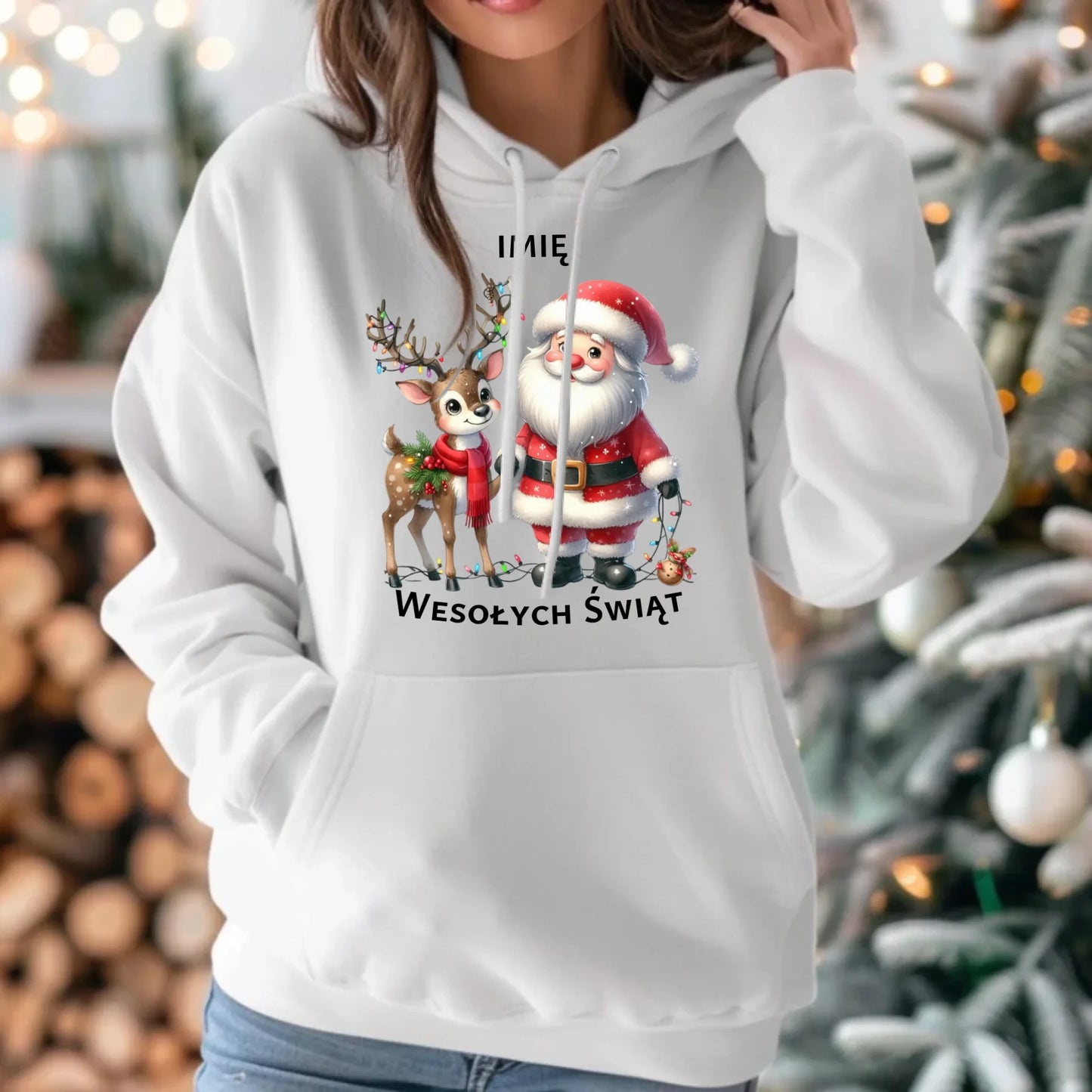 Bluza damska z kapturem świąteczna - Mikołaj z reniferem - personalizowana BN09 - StoryCups.pl