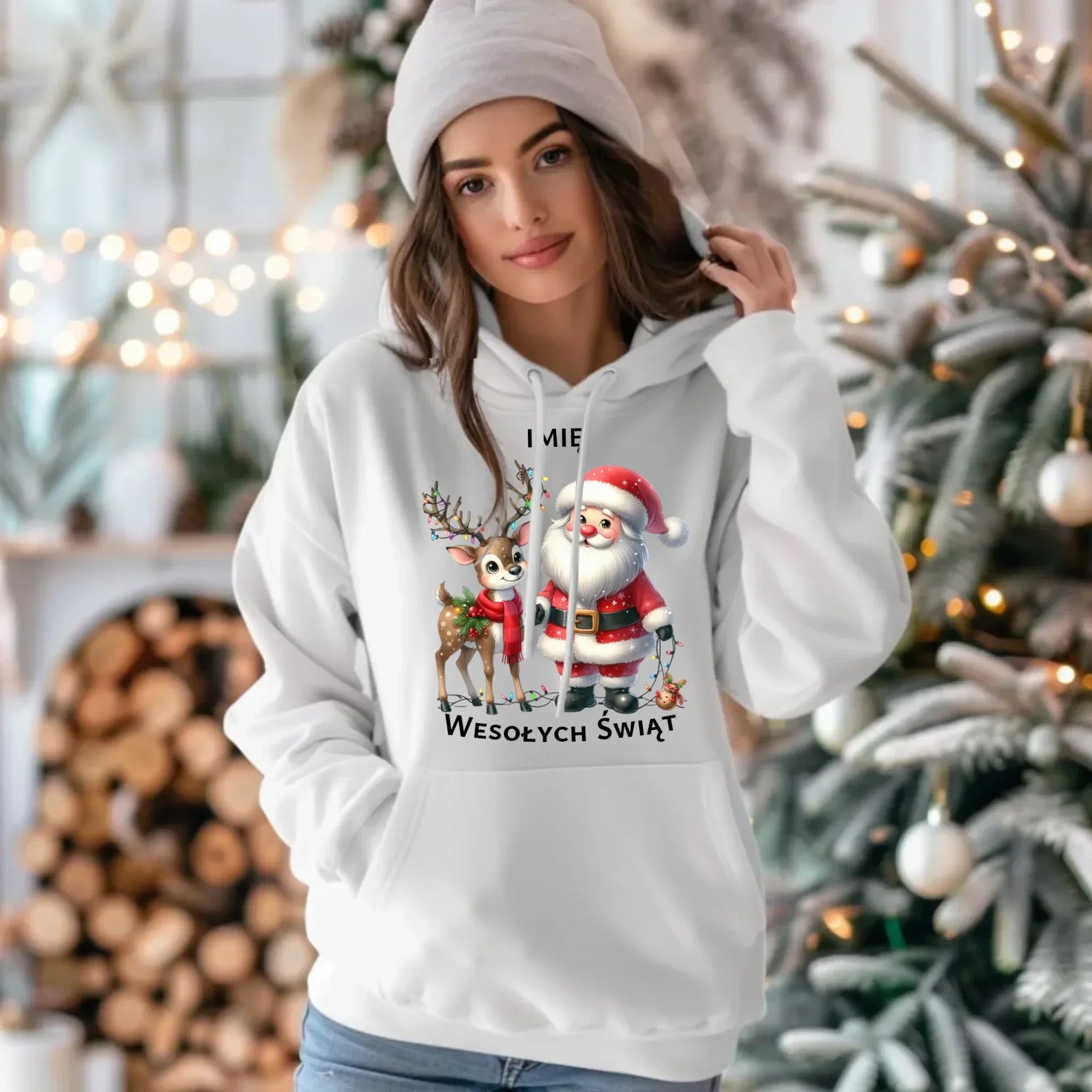 Bluza damska z kapturem świąteczna - Mikołaj z reniferem - personalizowana BN09 - StoryCups.pl