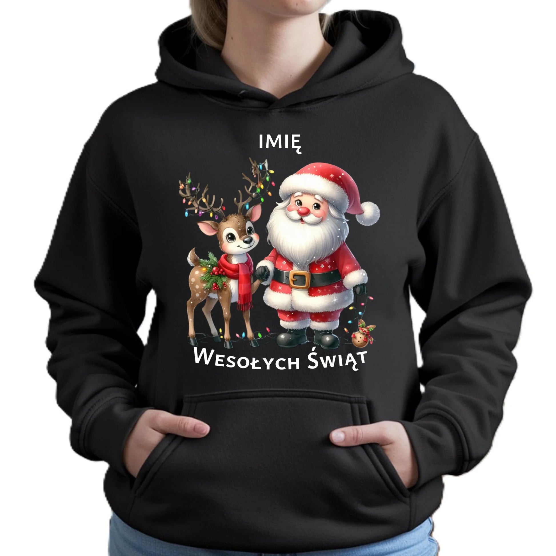 Bluza damska z kapturem świąteczna - Mikołaj z reniferem - personalizowana BN09 - StoryCups.pl